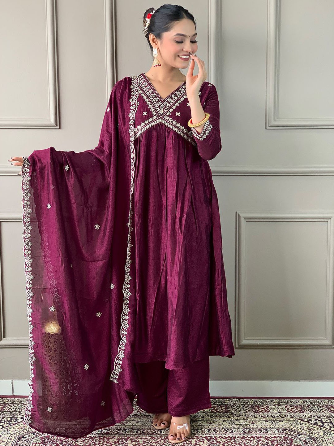 

KALINI Floral Embroidered Regular A-Line Kurta with Trousers & Dupatta, Purple