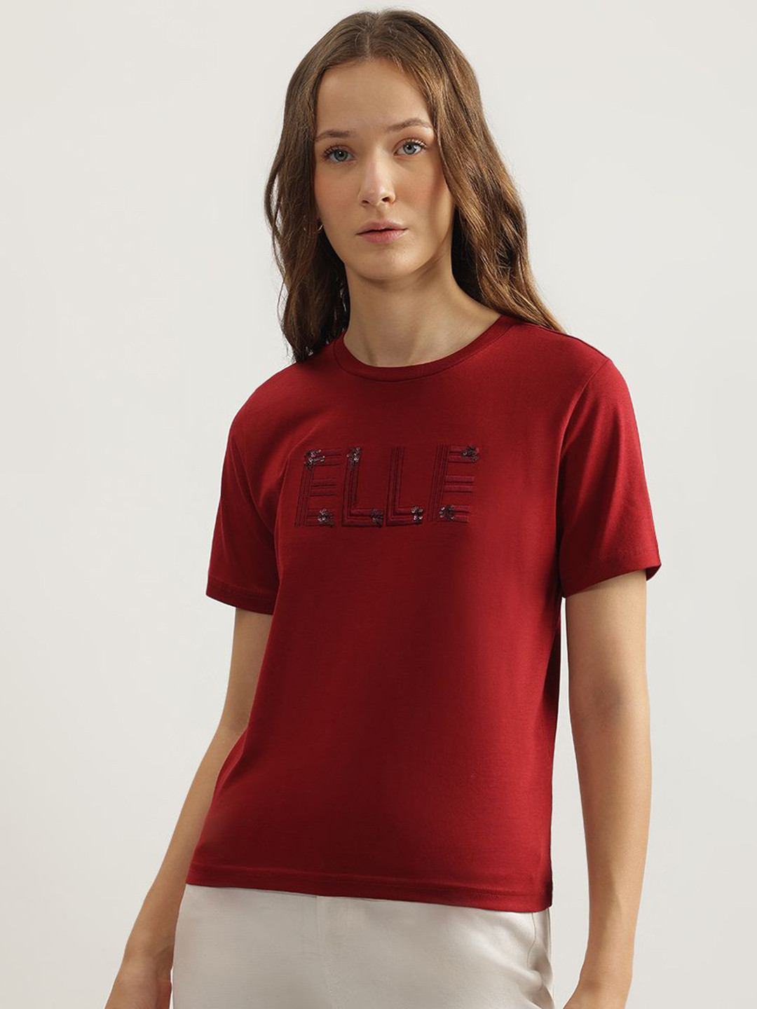 

ELLE Women Typography Printed Round Neck Cotton Relaxed Fit T-shirt, Red