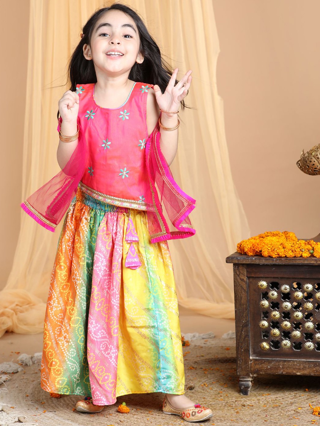 

Here&Now X Kinder Kids Girls Embroidered Ready to Wear Lehenga & Blouse With Dupatta, Pink