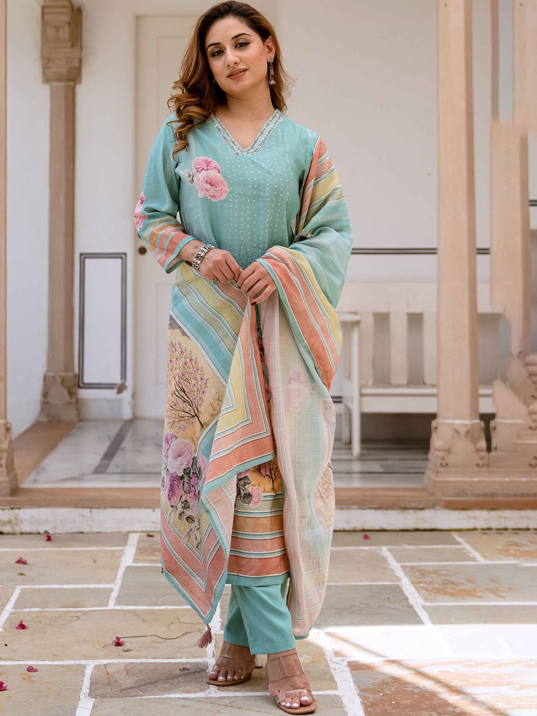 

KALINI Women Floral Printed Regular Beads and Stones Kurta with Trousers & With Dupatta, Turquoise blue