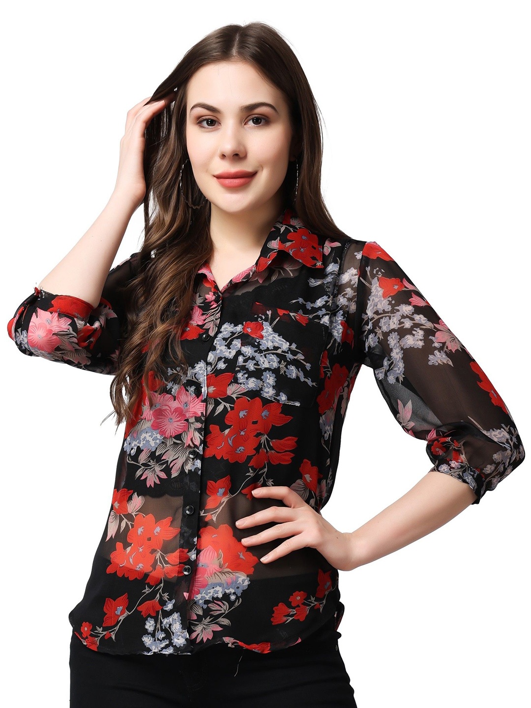

SCORPIUS Women Classic Spread Collar Floral Printed Slim Fit Casual Shirt, Black