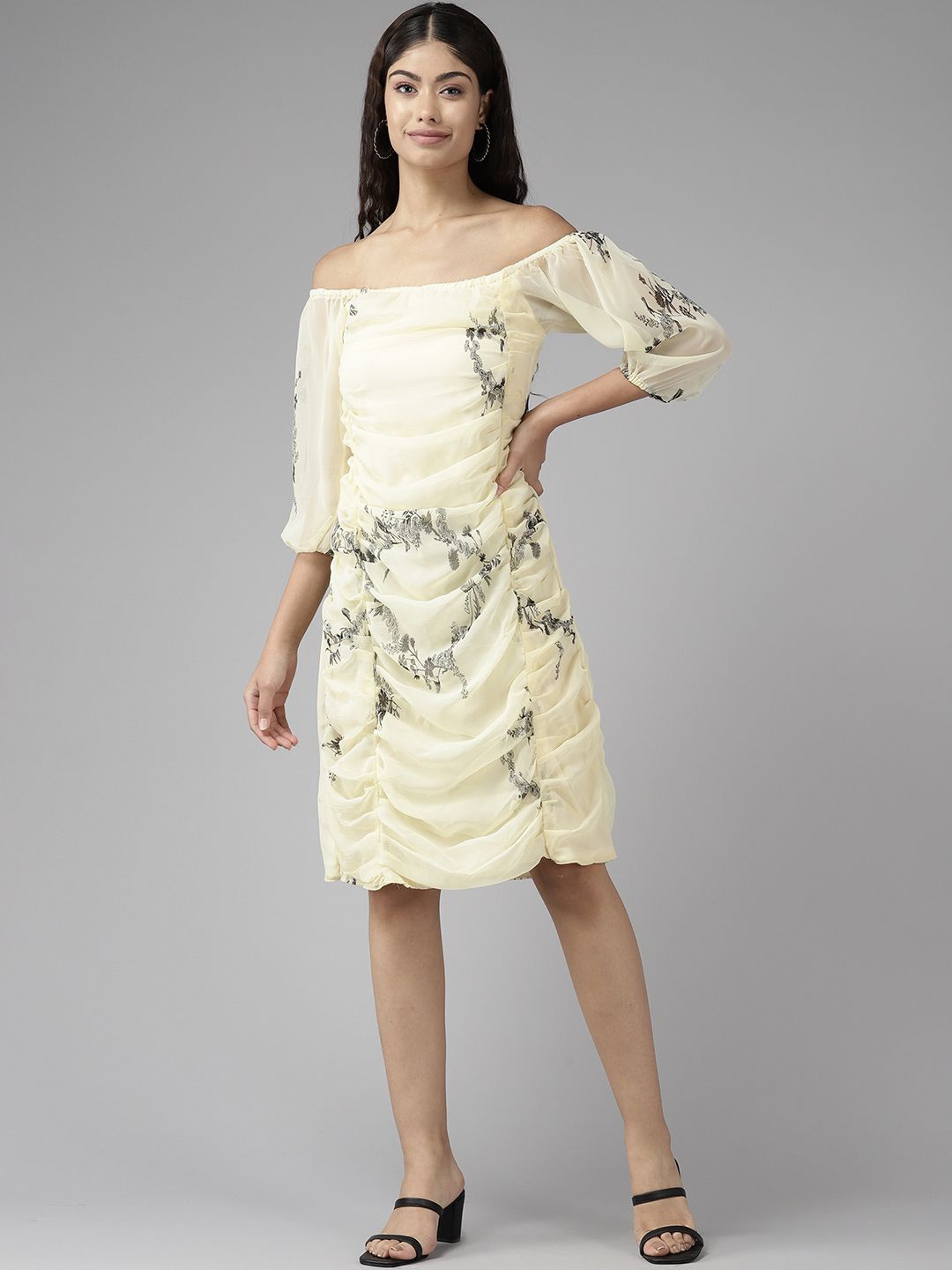 

BAESD Floral Print Off-Shoulder Bell Sleeve Georgette Sheath Dress, Green