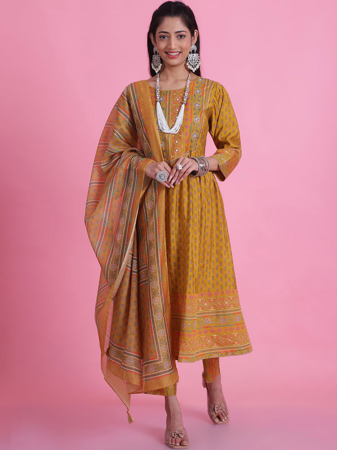 

Anouk Women Ethnic Motifs Printed Mirror Work Anarkali Kurta With Trousers & Dupatta, Mustard