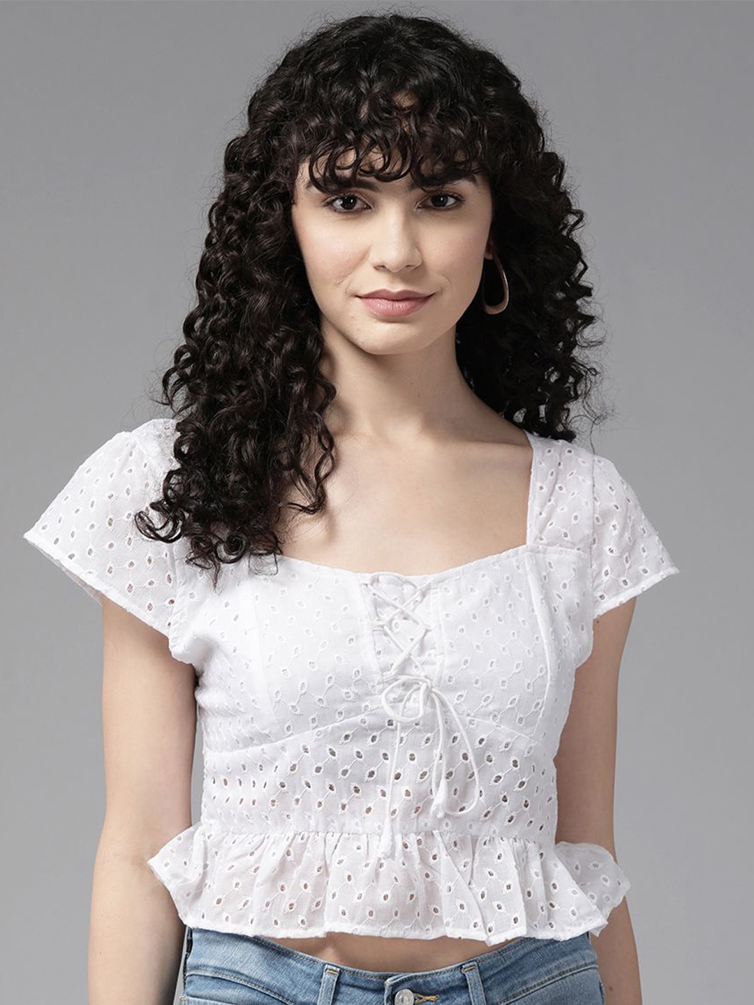 

BAESD Women Self Design Square Neck Top, White