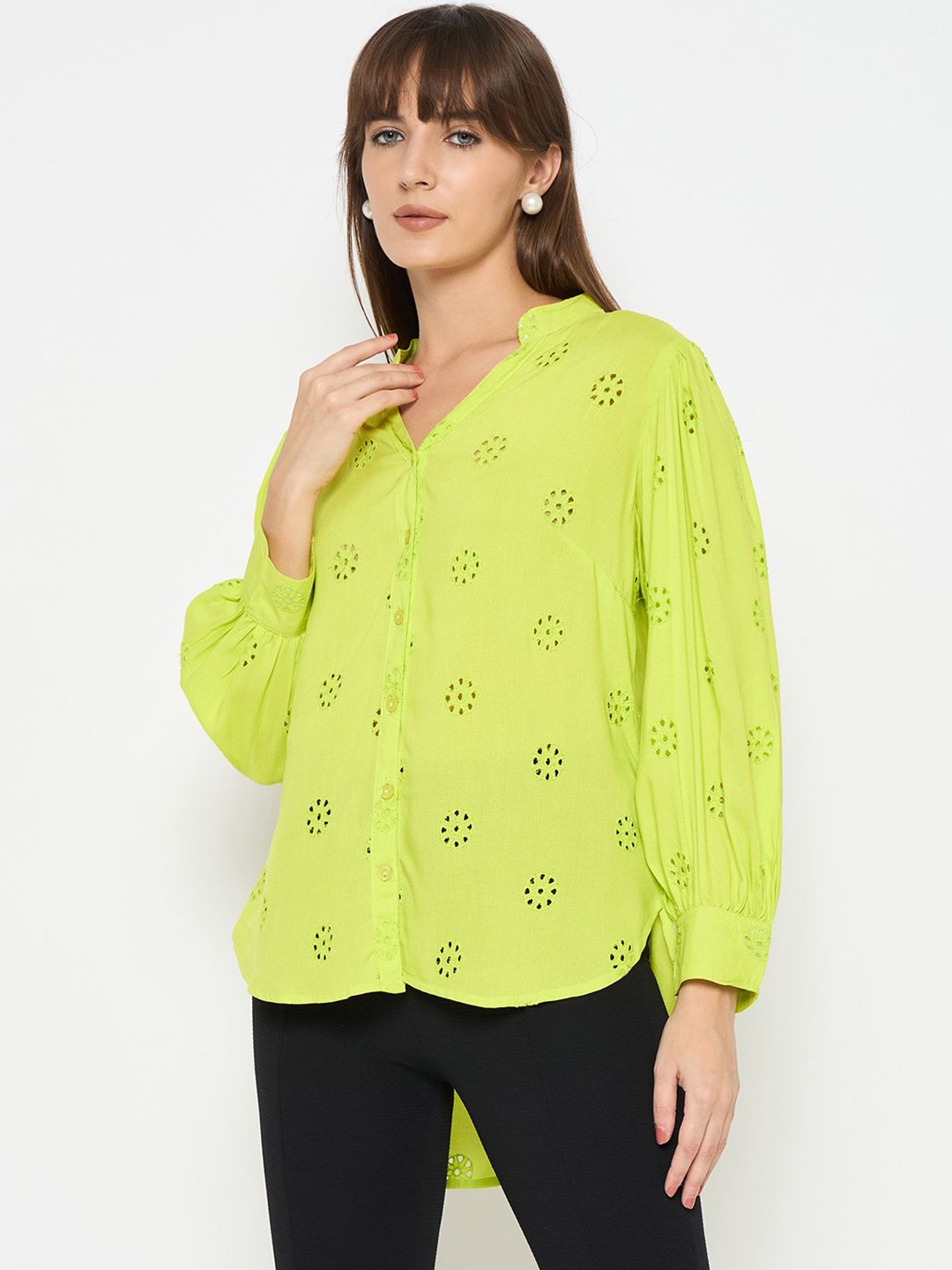 

Ruhaans Women Classic Mandarin Collar Textured Casual Shirt, Lime green