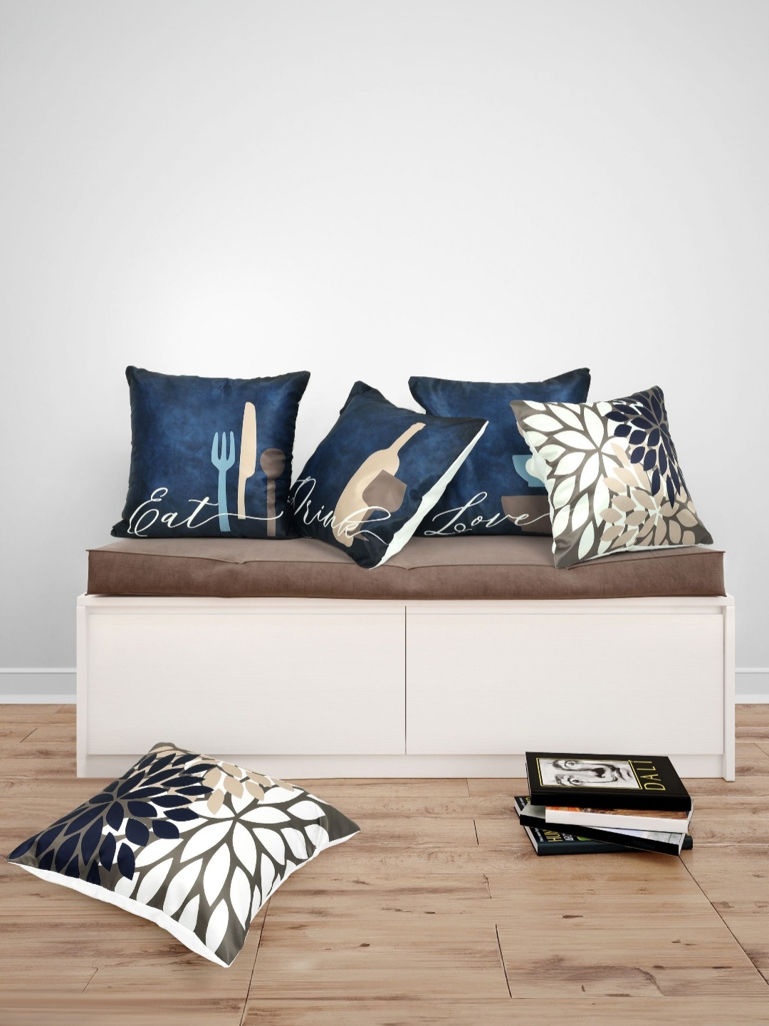 

Vendola Navy Blue & White 5 Pieces Floral Printed Square Shaped Cushion Covers