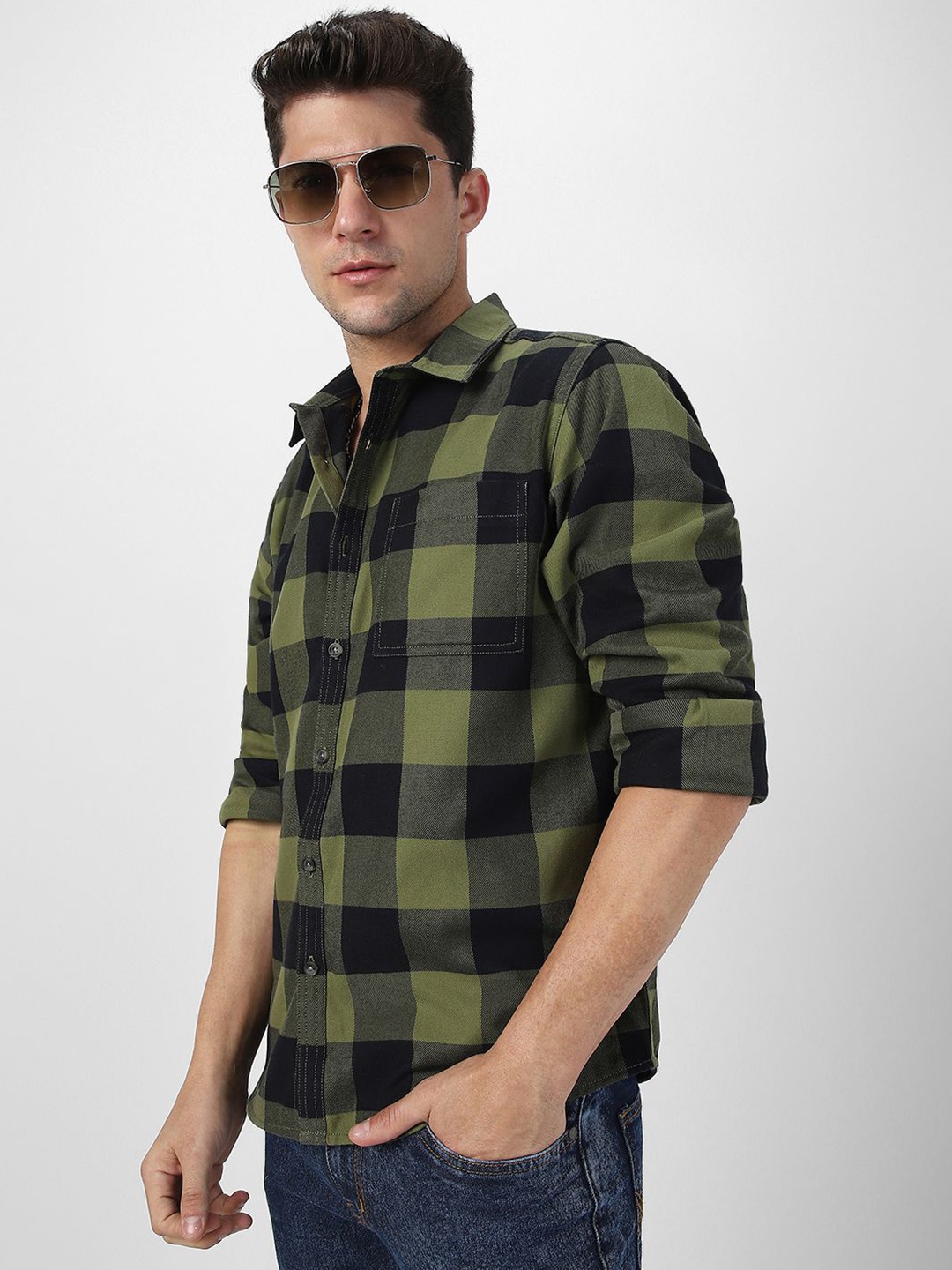 

Urbano Fashion Men Spread Collar Checked Cotton Casual Shirt, Green