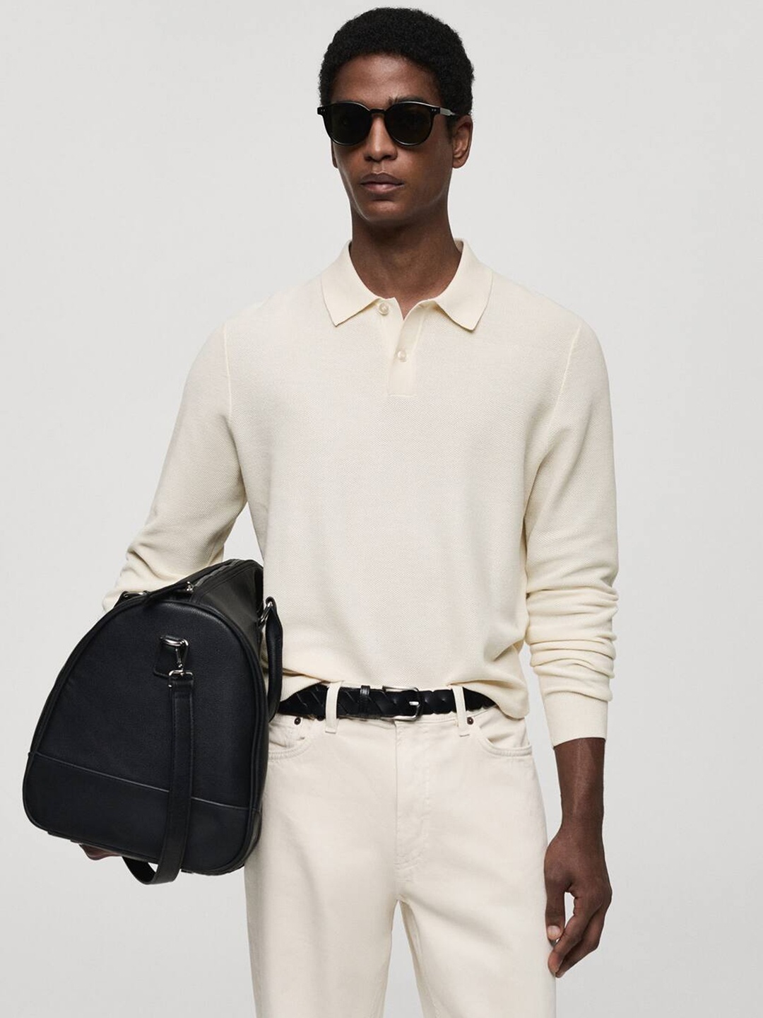 

MANGO MAN Structure Knitted Polo Pullover, Off white