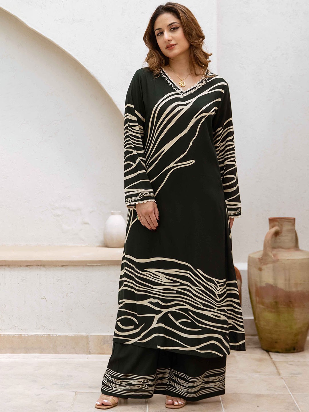 

KALINI Women Printed Regular Kantha Work Kurta with Palazzos, Olive