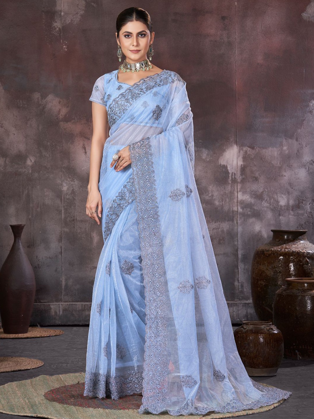 

Panzora Floral Embroidered Organza Saree, Blue