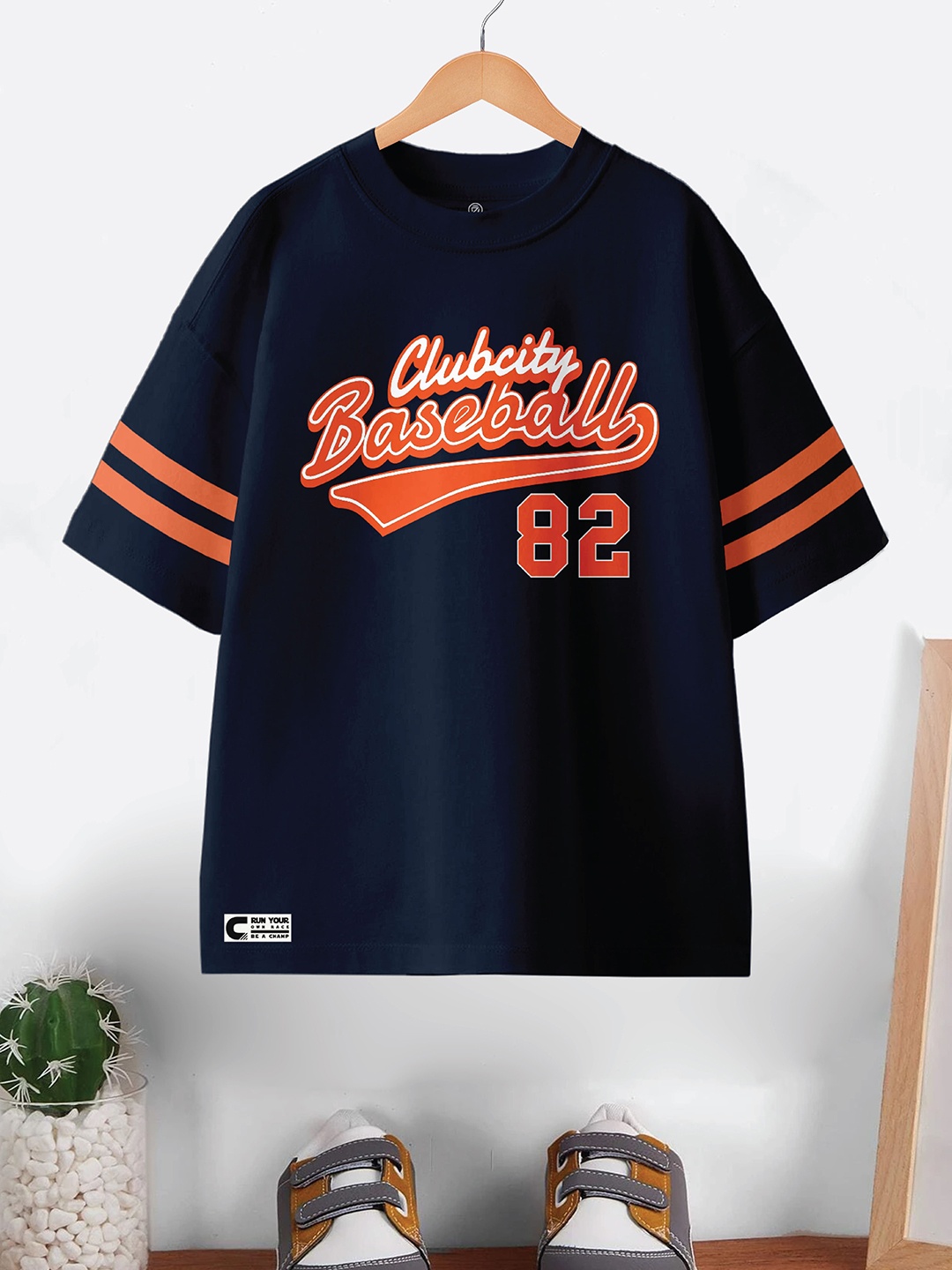

BAESD Boys Varsity Printed Round Neck Pure Cotton Oversized T-shirt, Navy blue