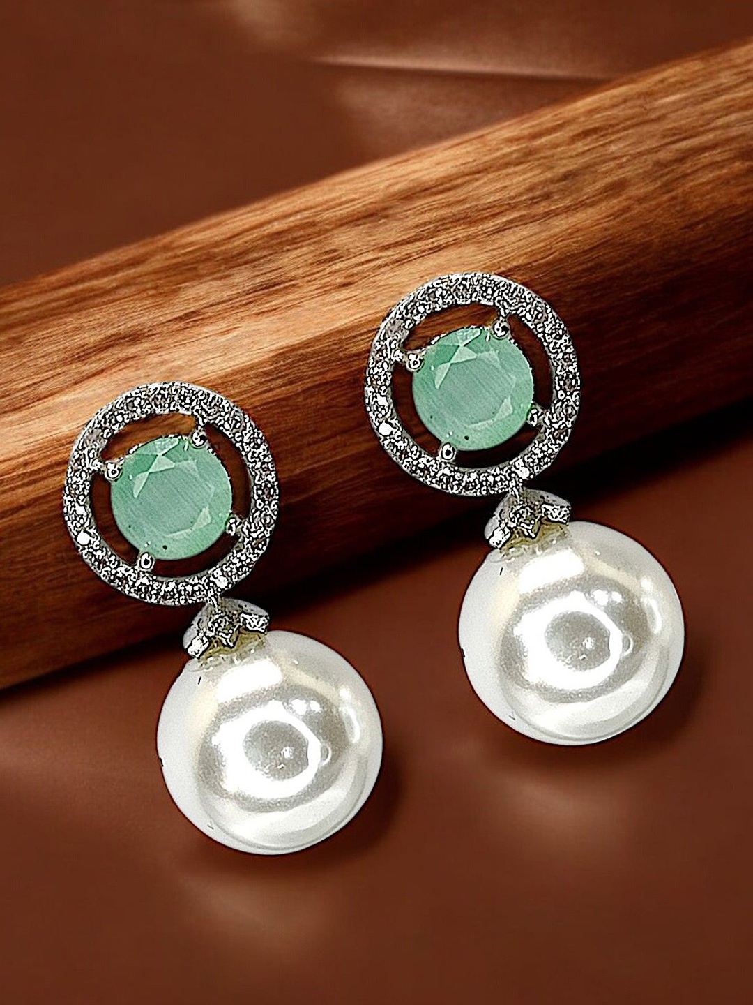 

9blings Silver Plated American Diamond Studded Circular Drop Earrings, Green