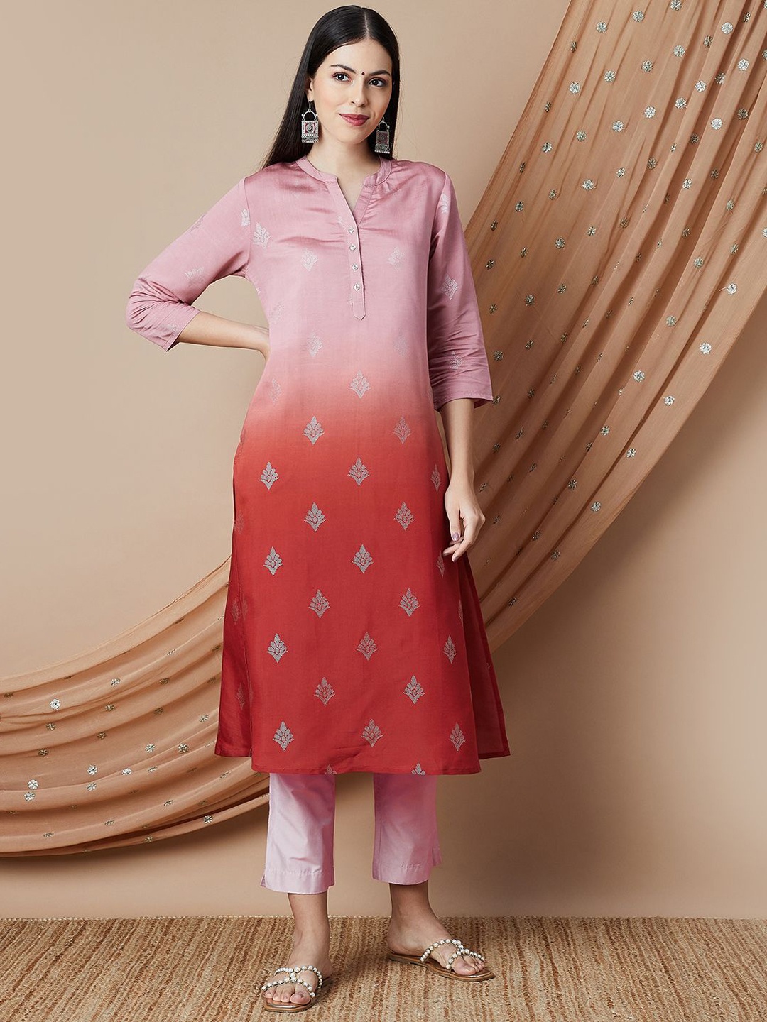 

Melange by Lifestyle Women Ethnic Motifs Printed Thread Work Kurta, Pink