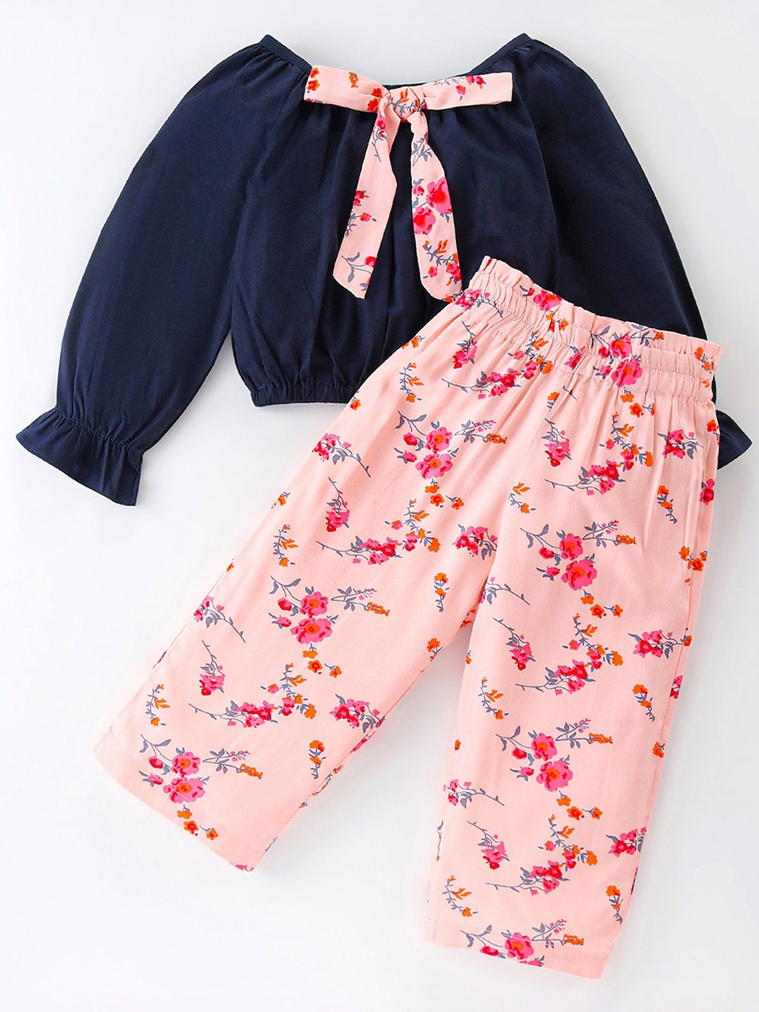 

CrayonFlakes Girls Floral Printed Round Neck Long Sleeves Pure Cotton Top With Palazzo, Peach
