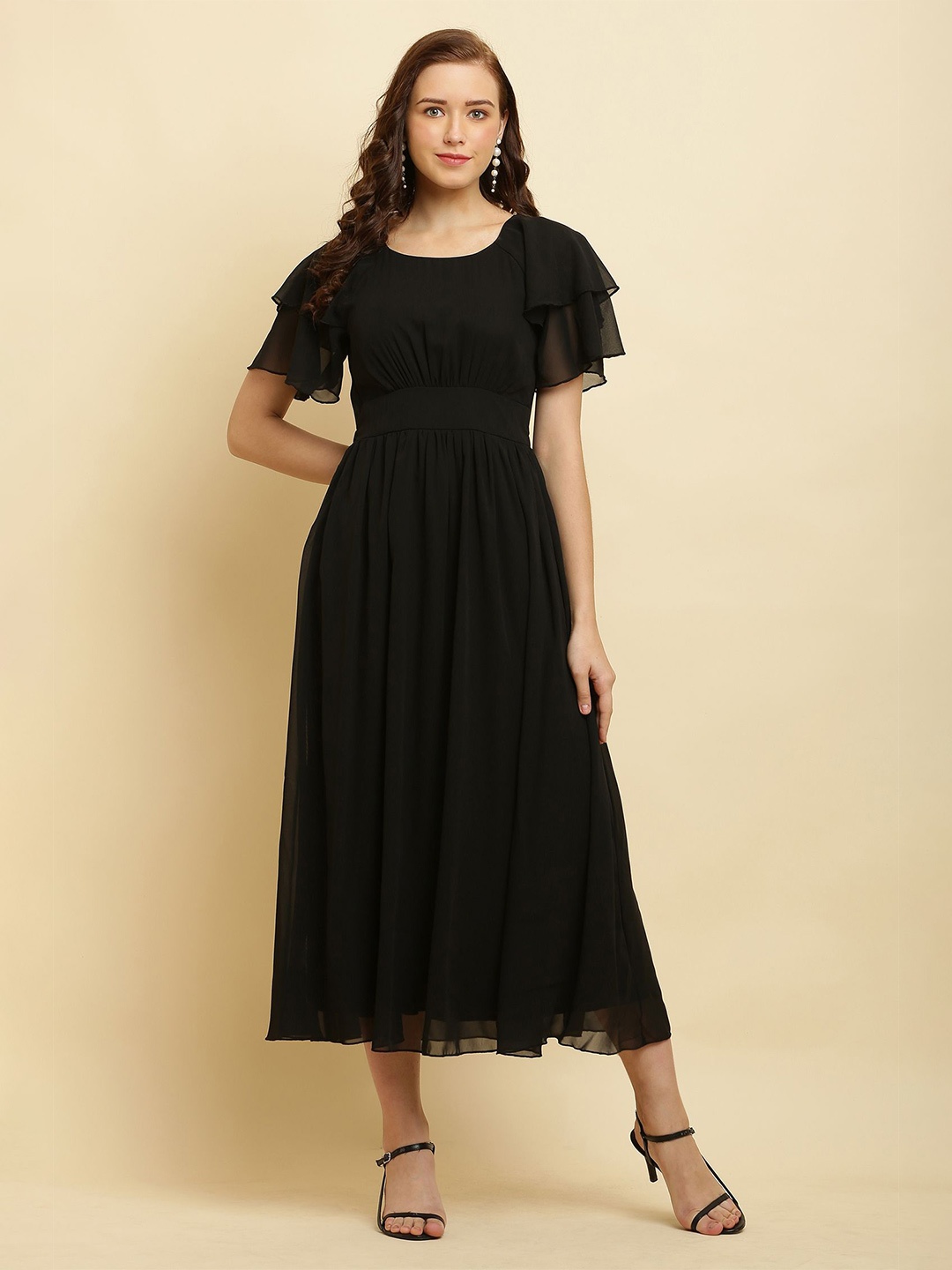 

C4D Women Solid Self Design Flared Sleeve Ruffled Flare Party Dress, Black