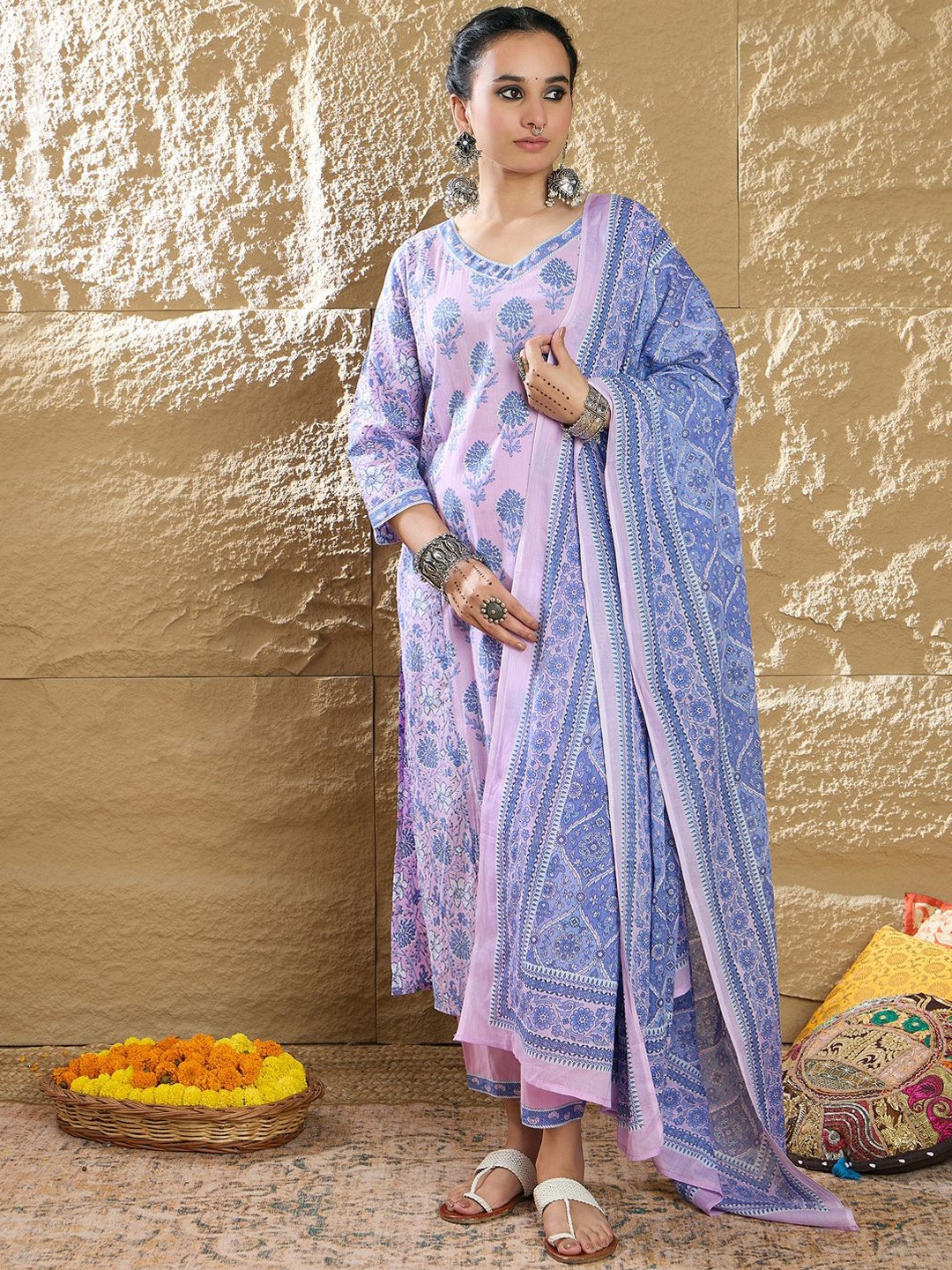 

Indo Era Women Floral Printed Panelled Pure Cotton Kurta with Trousers & With Dupatta, Lavender