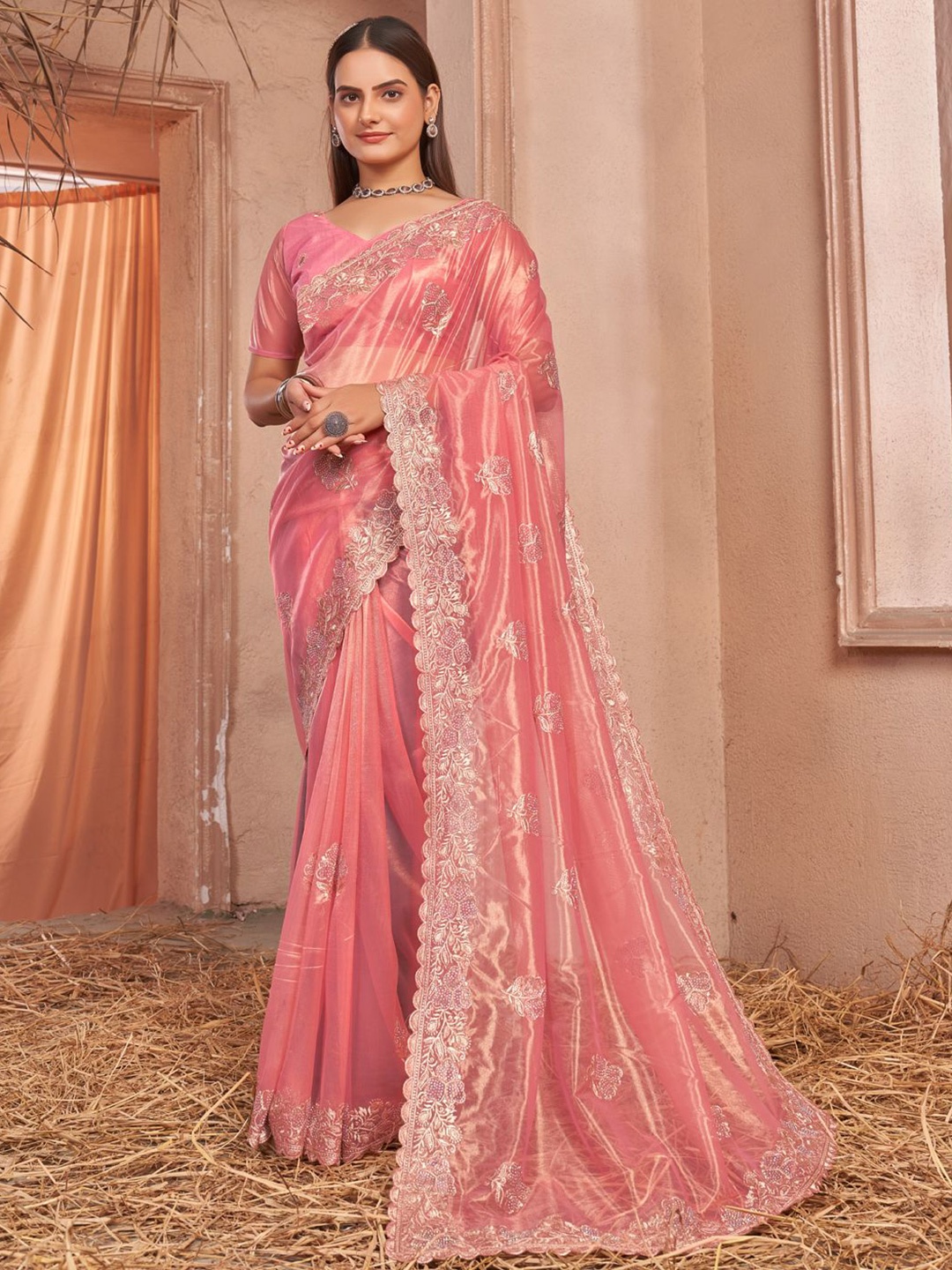 

Mitera Embellished Embroidered Net Saree With Unstitched Blouse Piece, Peach