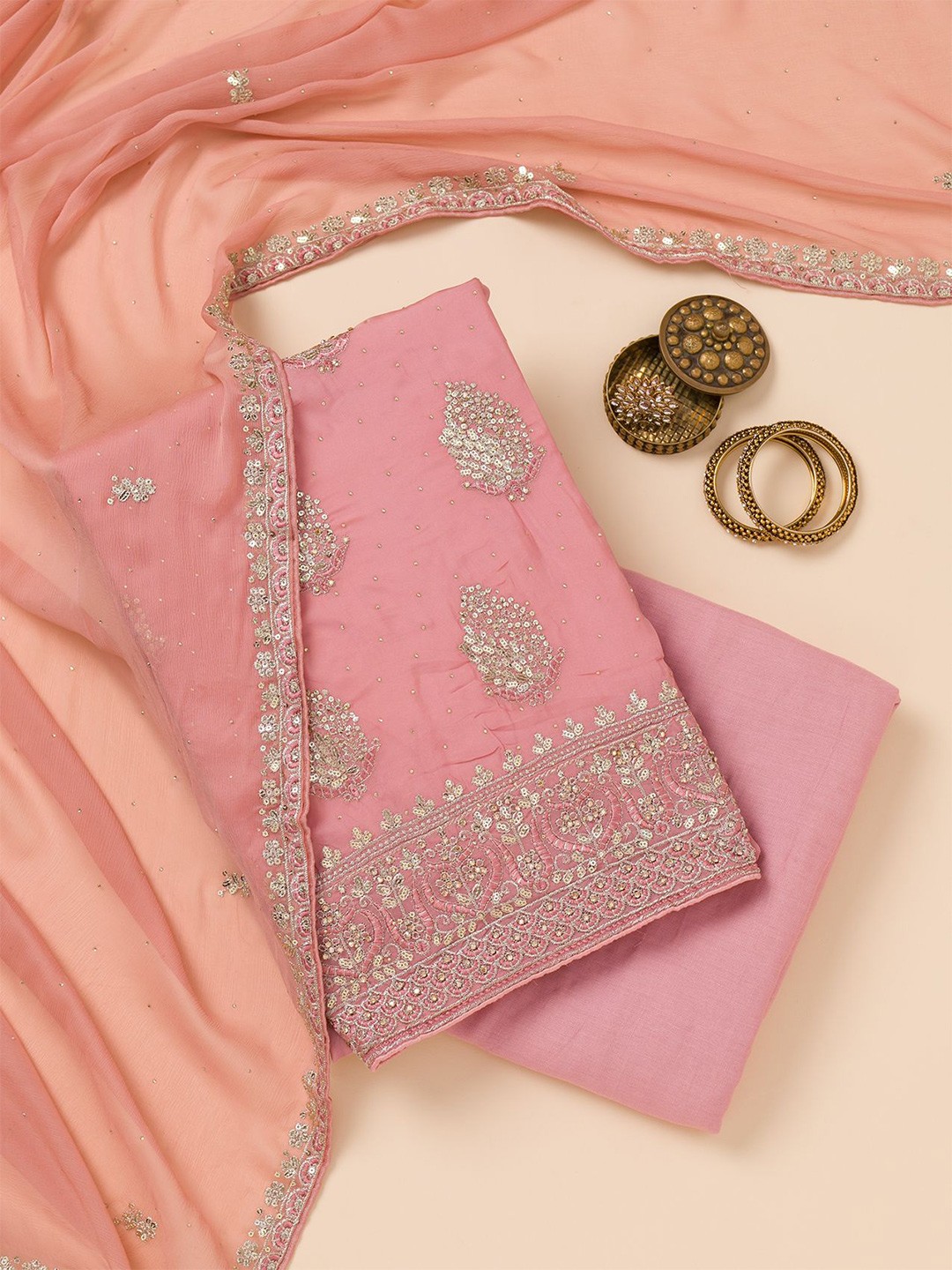 

Koskii Floral Embroidered Zari Unstitched Dress Material, Pink