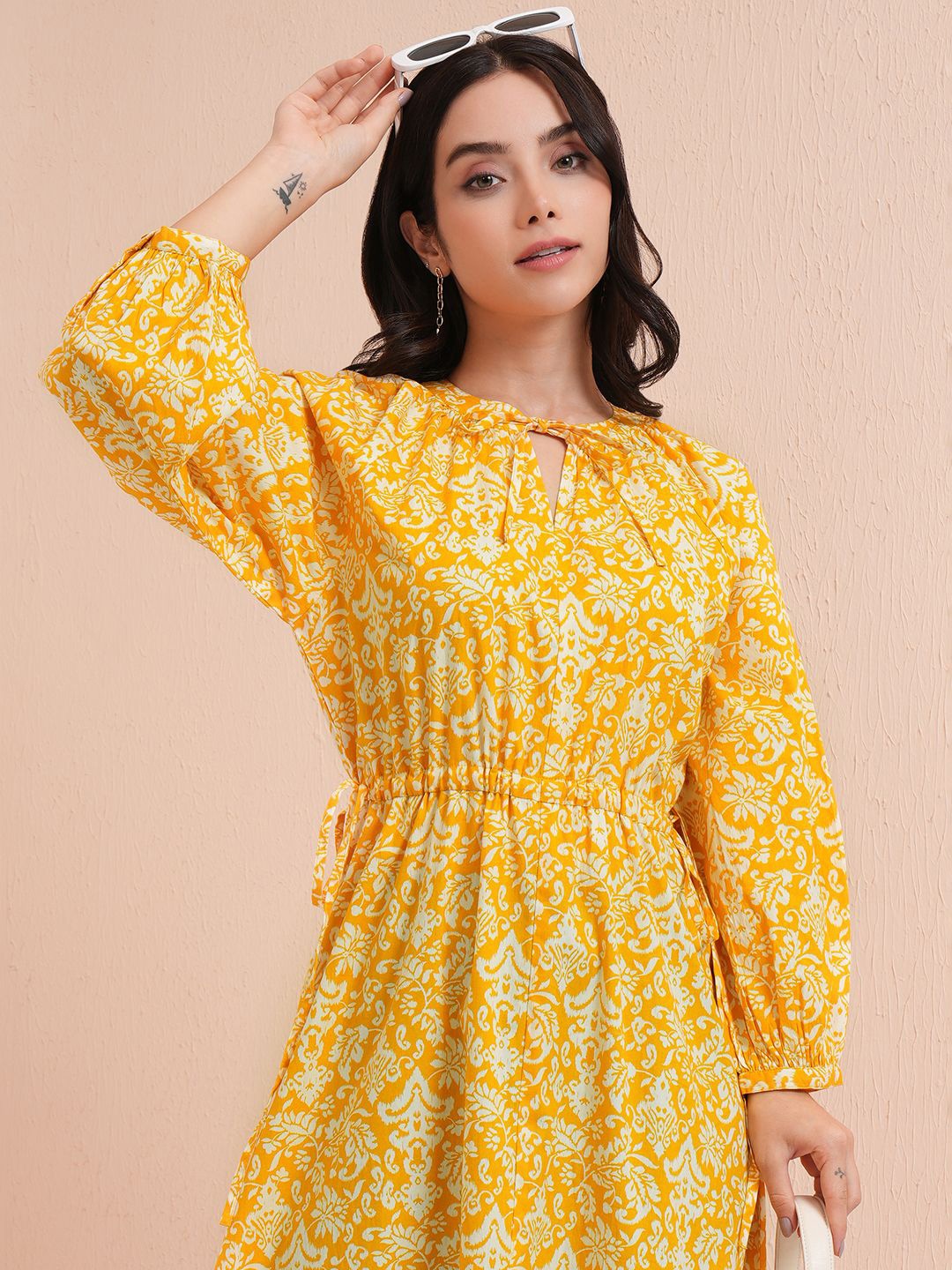 

Tokyo Talkies Floral Printed Bishop Sleeve Fit & Flare Midi Dress, Yellow