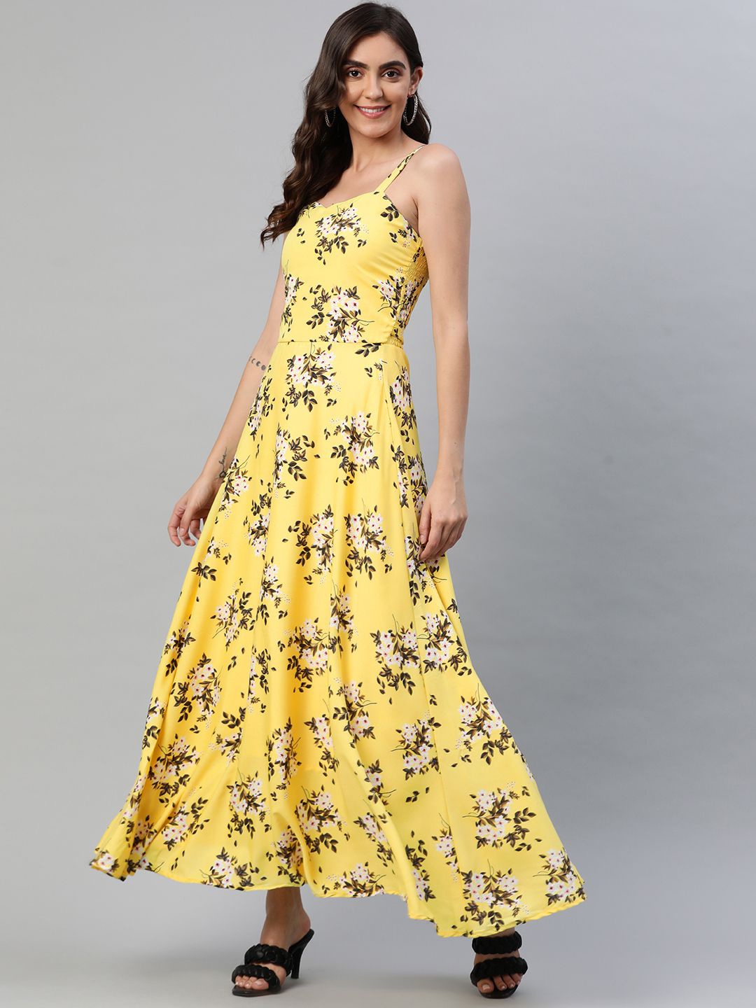 

BAESD Women Shoulder Straps Floral Print Smocked Maxi Dress, Yellow