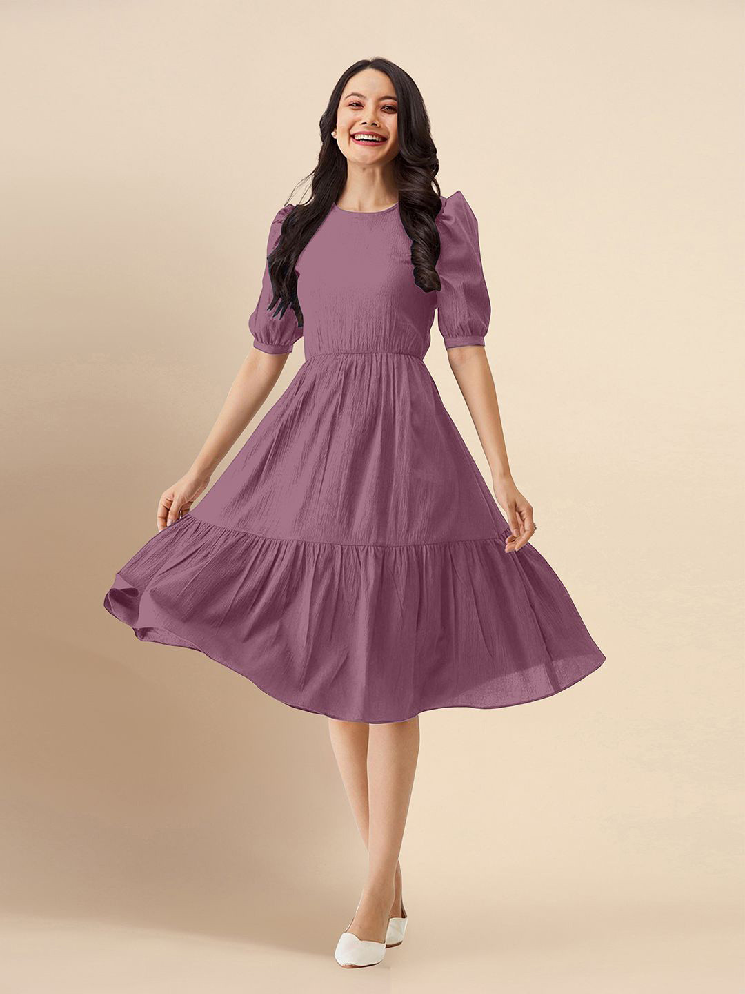 

Trendmalls Women Puff Sleeve Layered Crepe Fit & Flare Dress, Purple