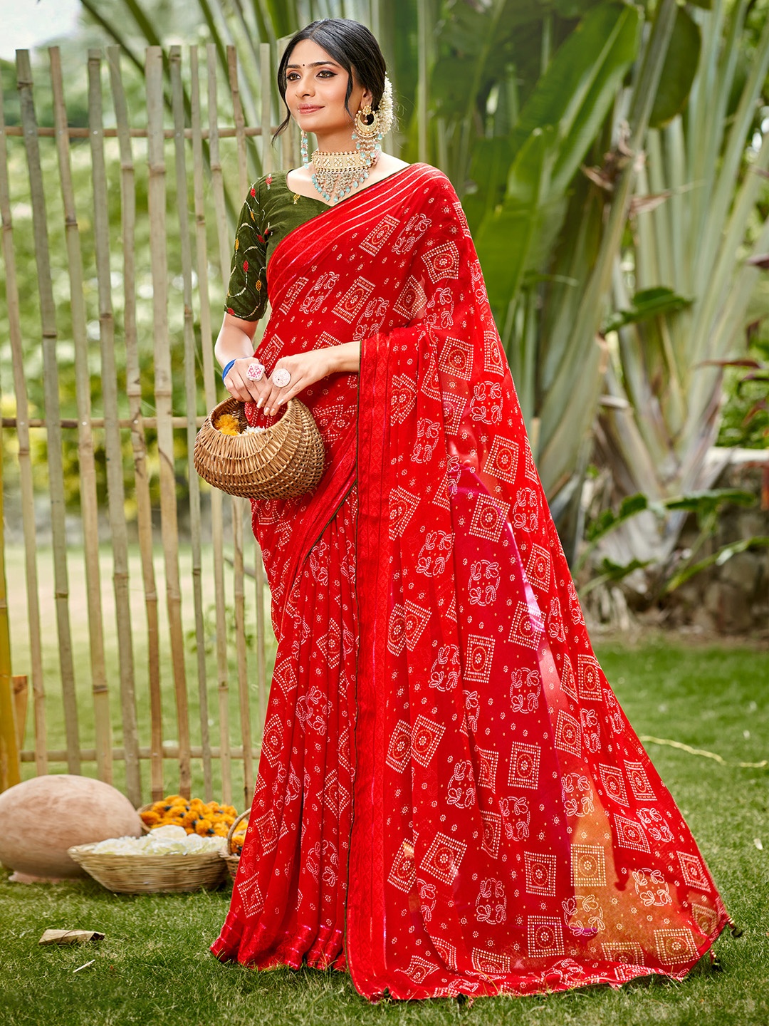 

Saree mall Ethnic Motifs Bandhani Sarees, Red