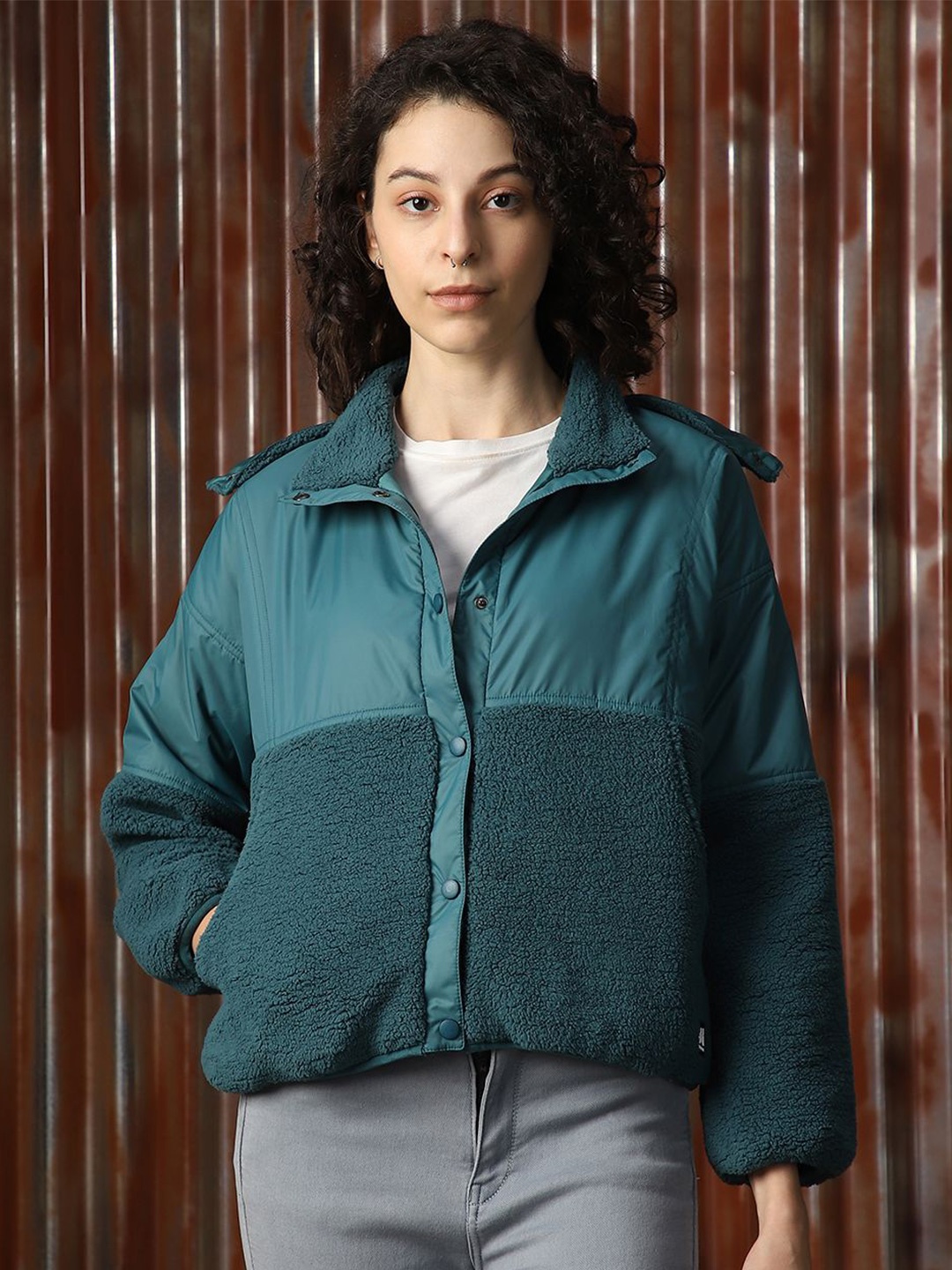 

High Star Women Sherpa Hooded Front-Open Oversize Fit Sweatshirt, Teal