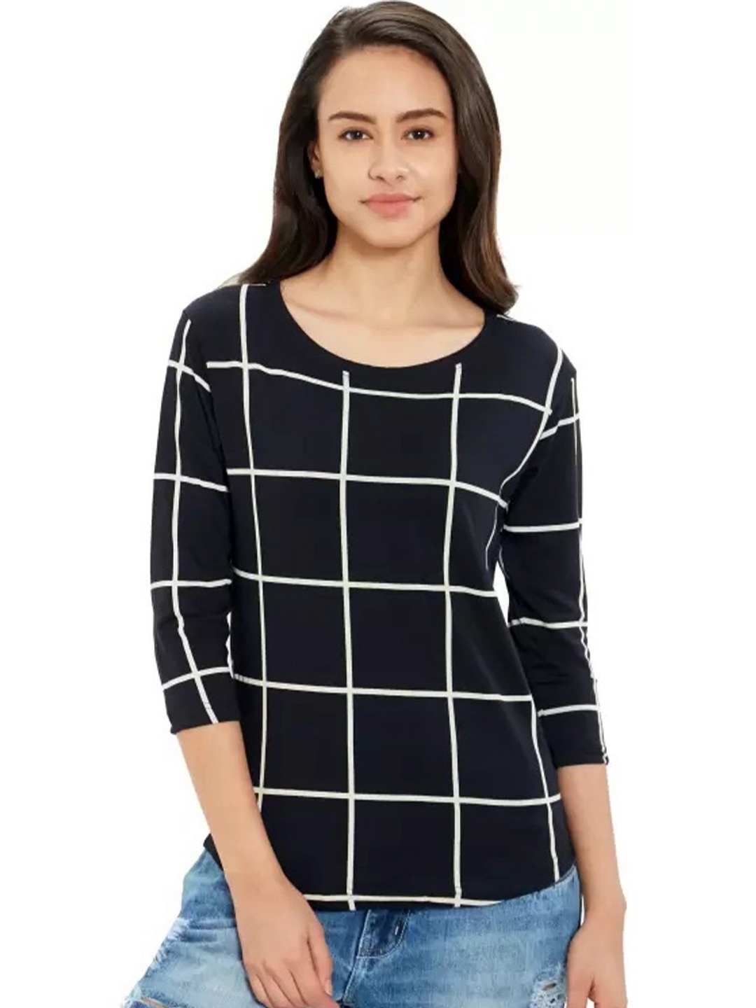 

Maniac Women Checked Monochrome Slim Fit T-shirt, Black