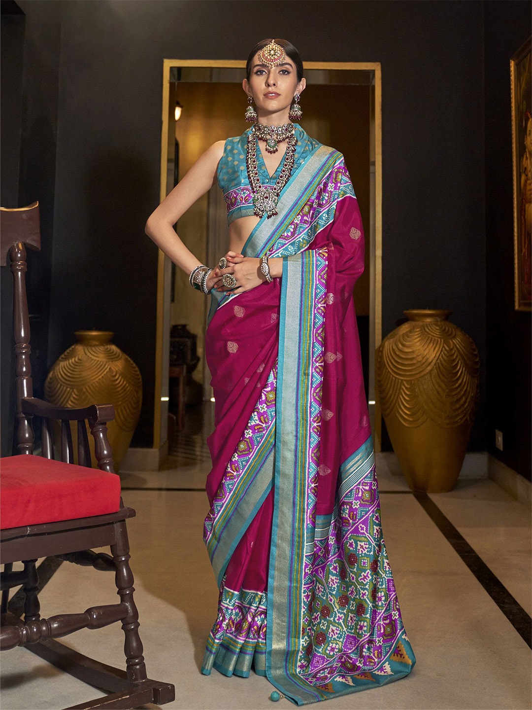 

elora Woven Design Silk Blend Designer Patola Saree, Pink