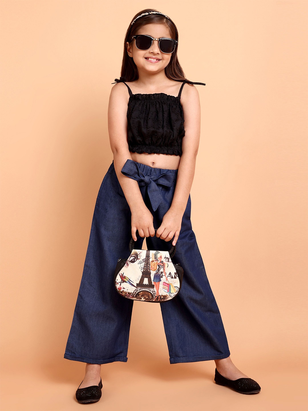 

HERE&NOW Girls Shoulder Straps Sleeveless Pure Cotton Schiffli Top with Denim Palazzo, Black