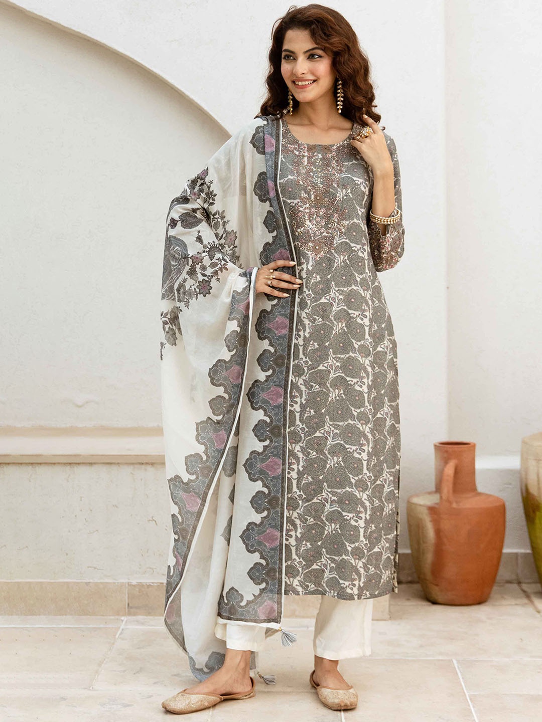 

KALINI Women Floral Printed Regular Mirror Work Kurta with Trousers & Dupatta, Cream