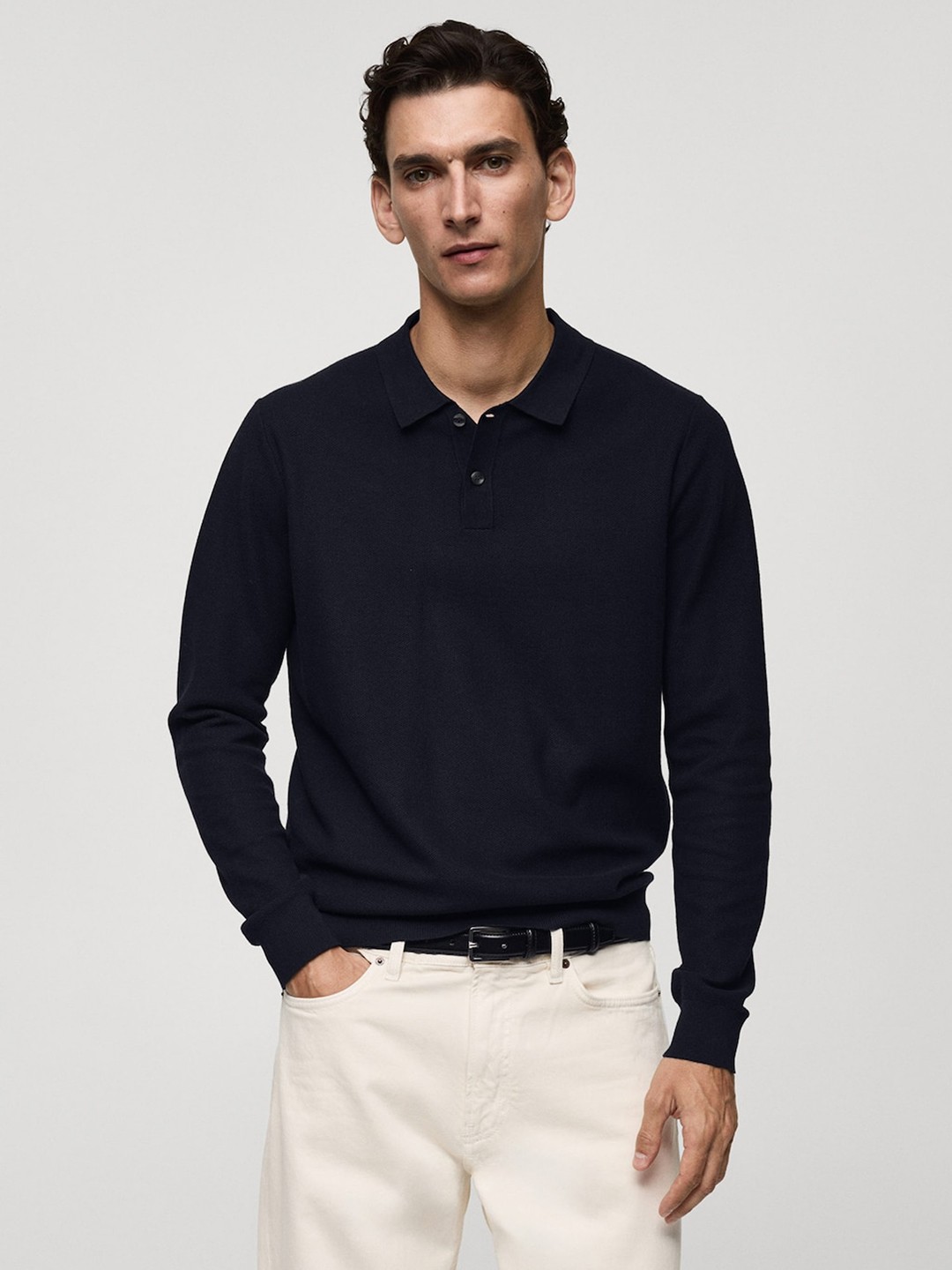 

MANGO MAN Structure Knitted Polo Pullover, Navy blue