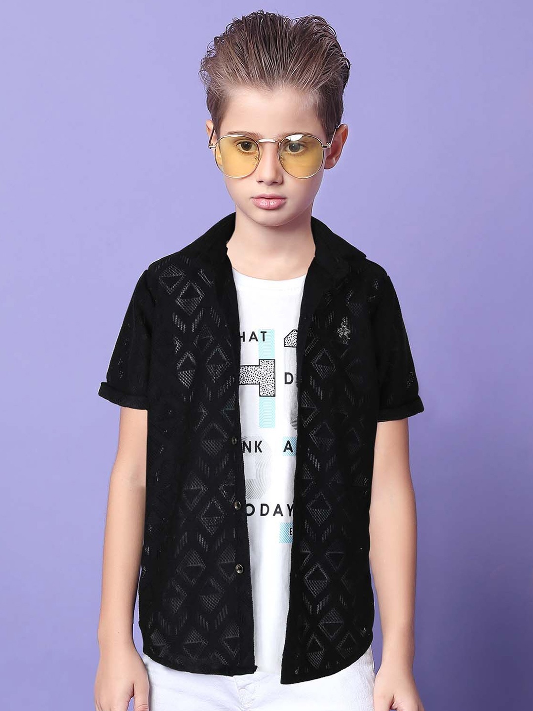 

MashUp Boys Classic Spread Collar Self Design Cotton Casual Shirt With Printed T-Shirt, Black