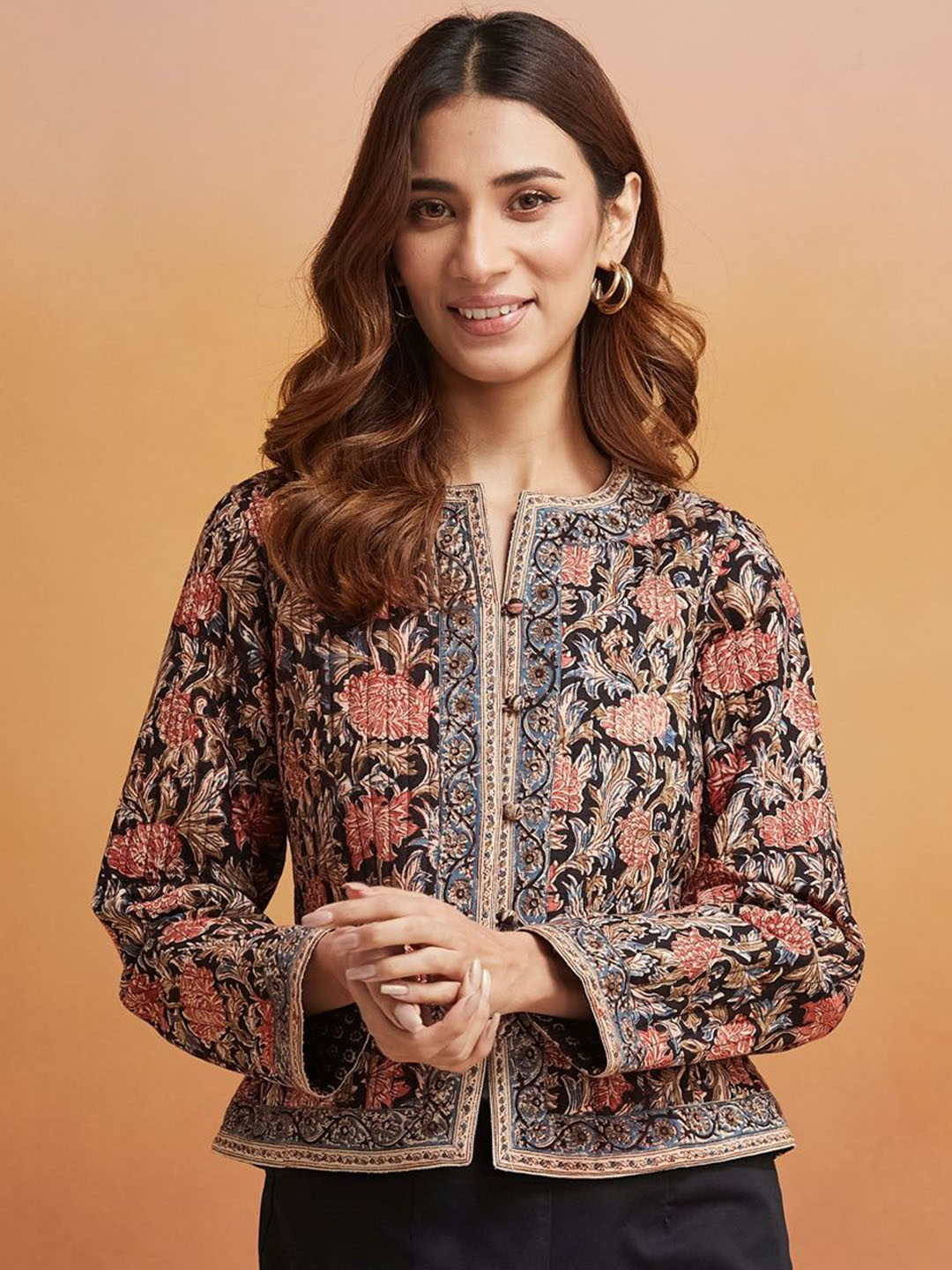 

Fabindia Women Floral Embroidered Jacket, Black