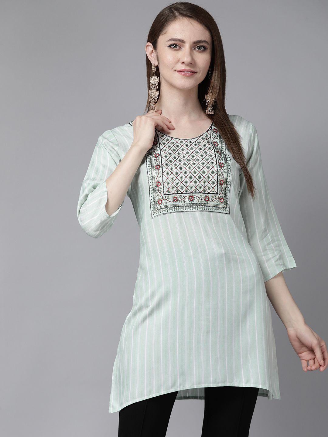 

BAESD Women Embroidered Floral Striped Pure Cotton A-line Kurtis, Sea green