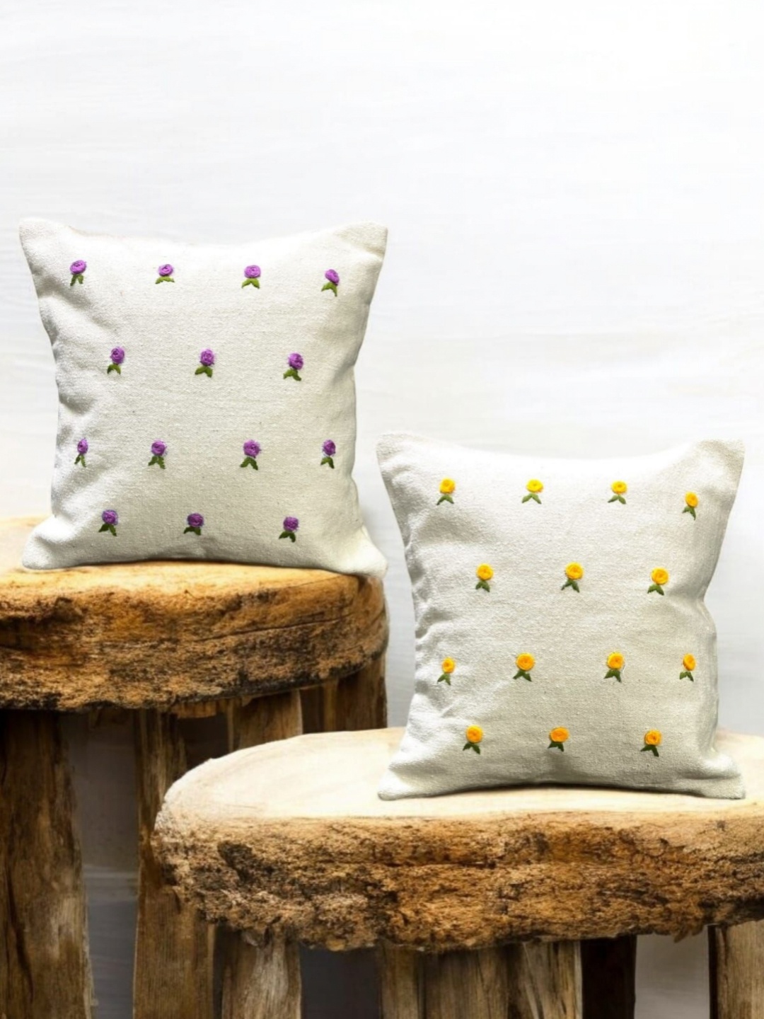 

INTERIORQUOTIENT Yellow & Purple 2 Pieces Floral Embroidered Cotton Square Cushion Covers