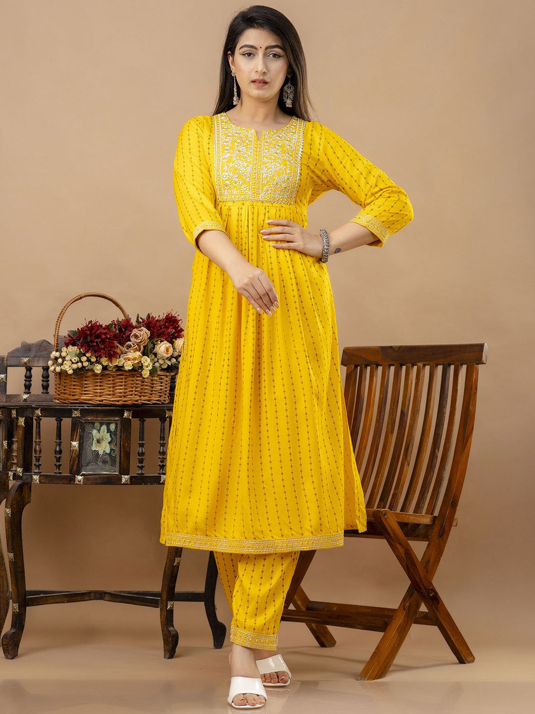 

Veshviti Women Floral Embroidered Pleated Mirror Work Kurta with Trousers & With Dupatta, Yellow