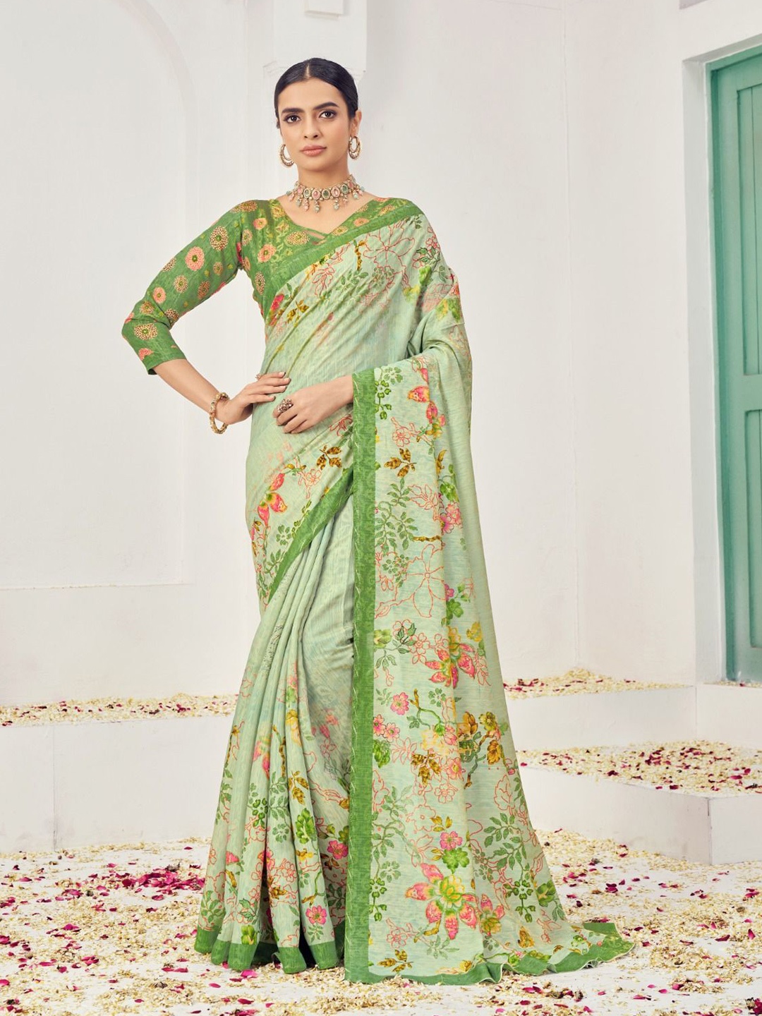 

JIVORA Ethnic Motifs Printed Pure Silk Saree, Green