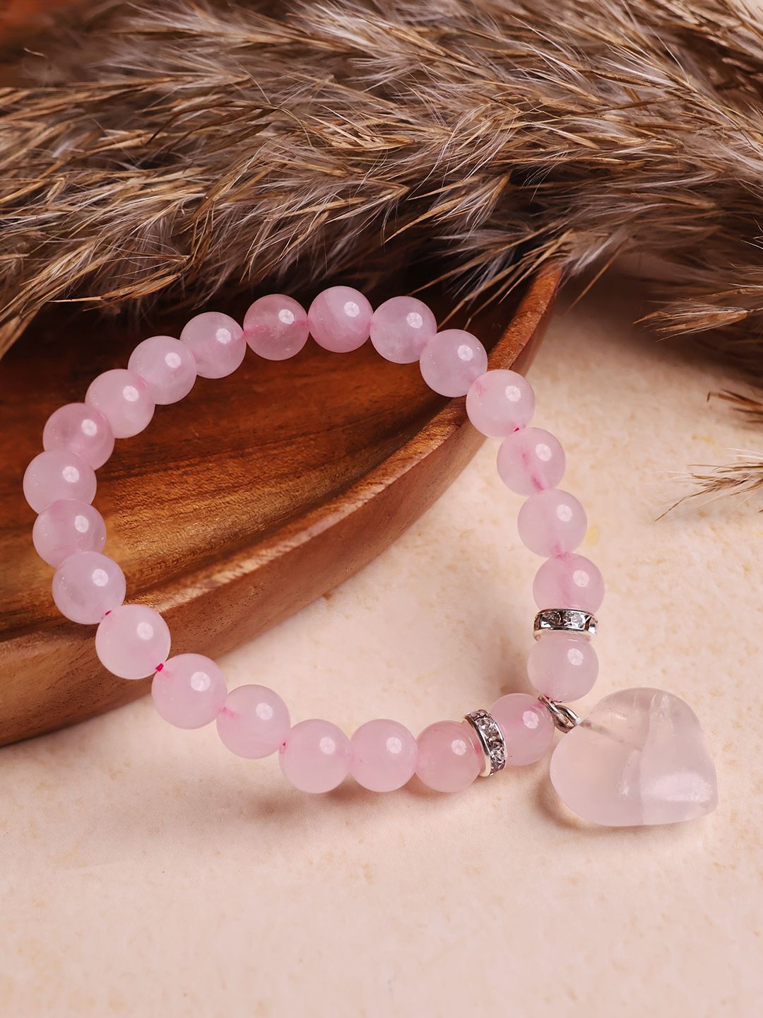 

Shubhanjali Quartz & Crystals Studded Heart Charm Elasticated Bracelet, Pink