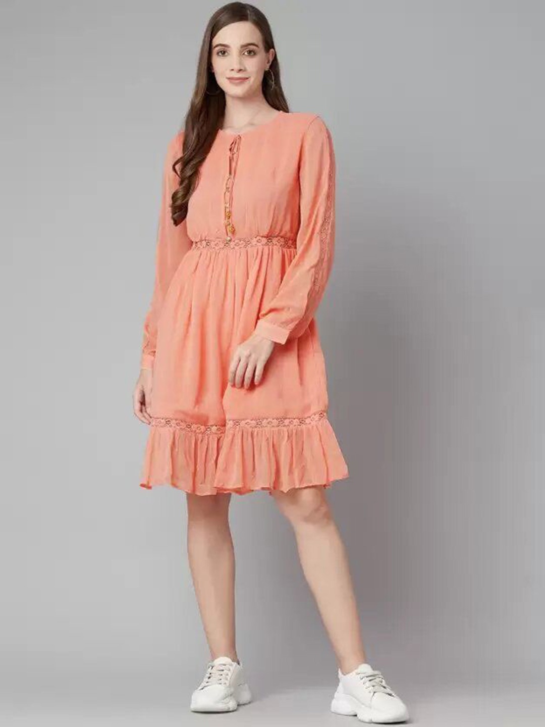 

Purple State Women Georgette A-Line Long Sleeves Dress, Peach