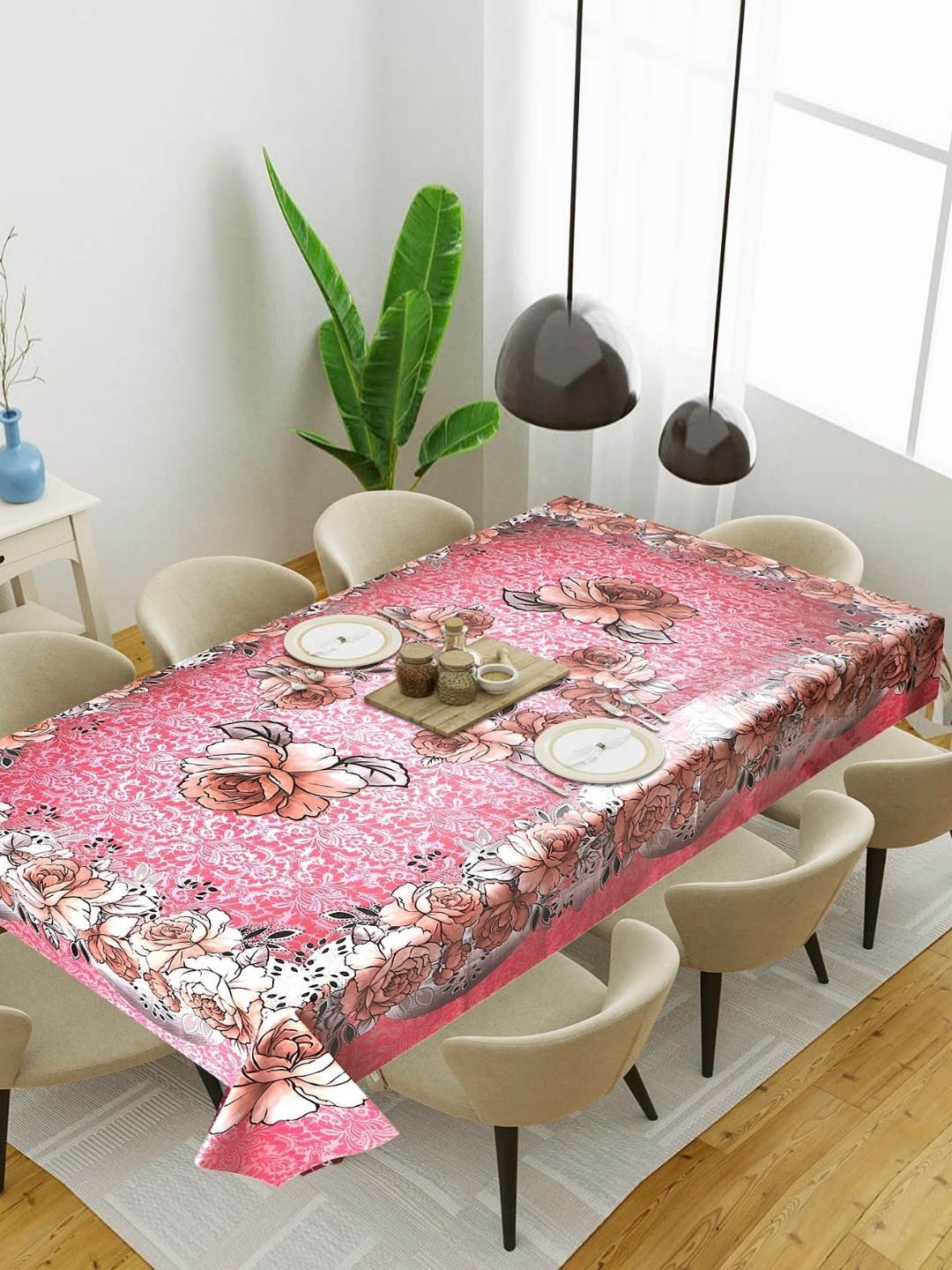 

LooMantha Pink Floral Waterproof Plastic 6-Seater Table Cover