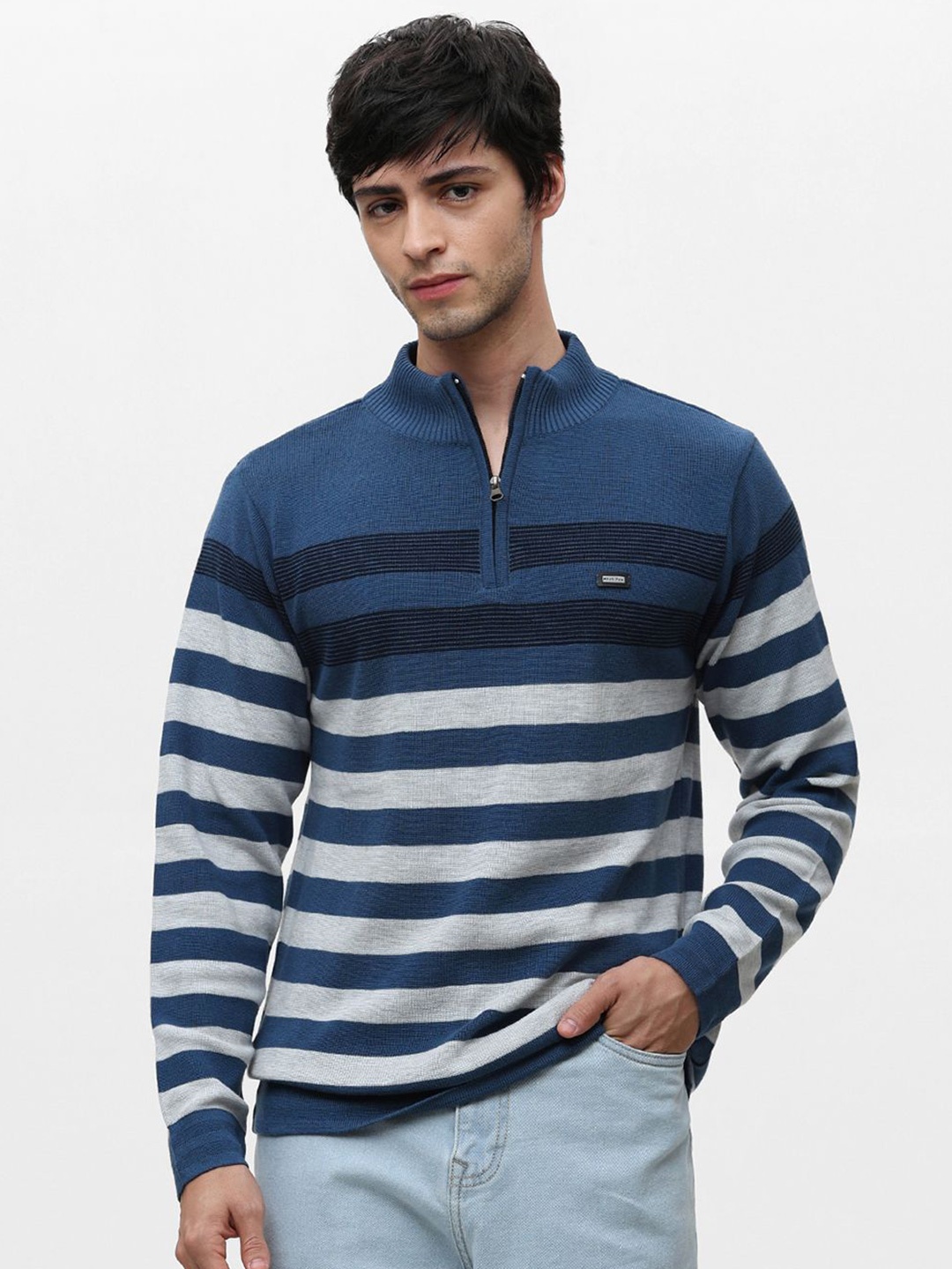 

Klub Fox Men Cotton Striped Turtle Neck Pullover Sweater, Blue