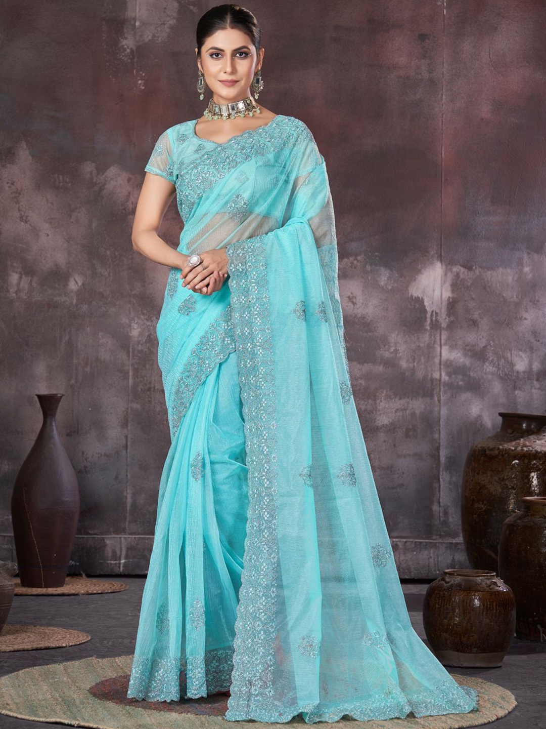 

Panzora Embellished Embroidered Organza Saree, Blue