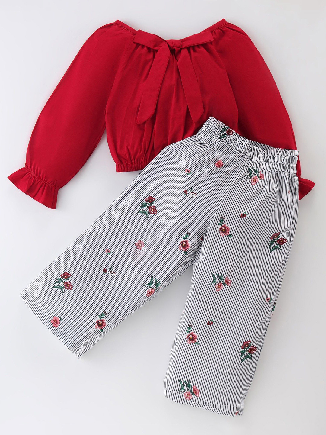 

CrayonFlakes Girls Round Neck Long Puff Sleeves Pure Cotton Top with Palazzo, Red