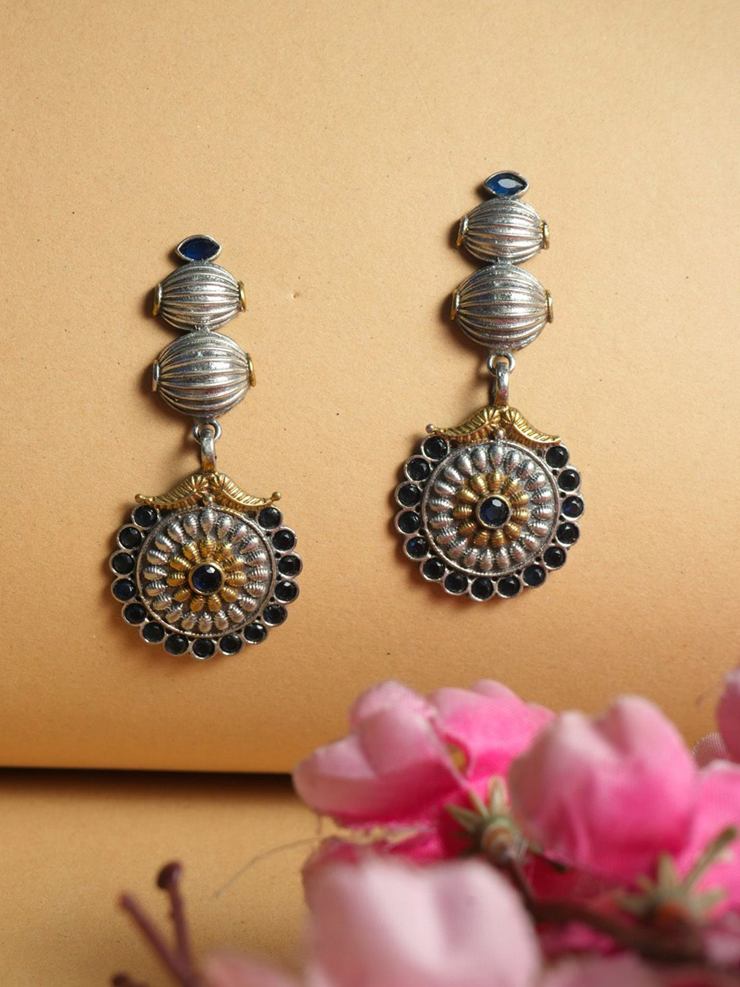 

VIRAASI Stone Studded Dual Tone Oxidised Drop Earrings, Silver