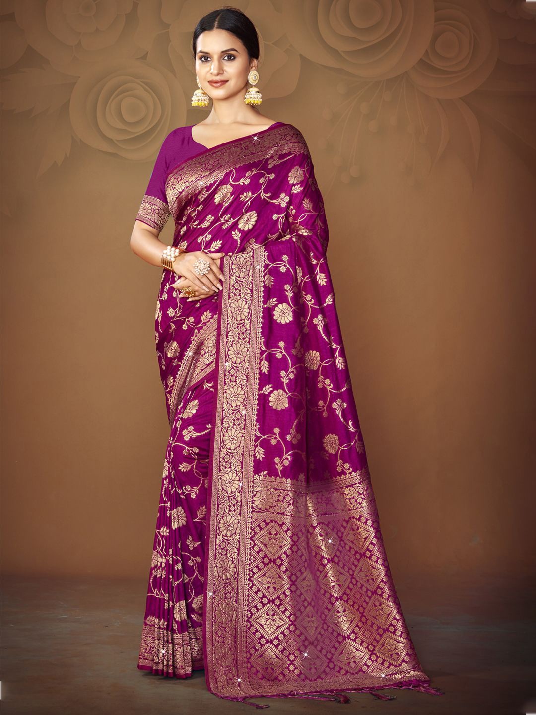 

SANGAM PRINTS Woven Design Zari Tussar Saree, Purple