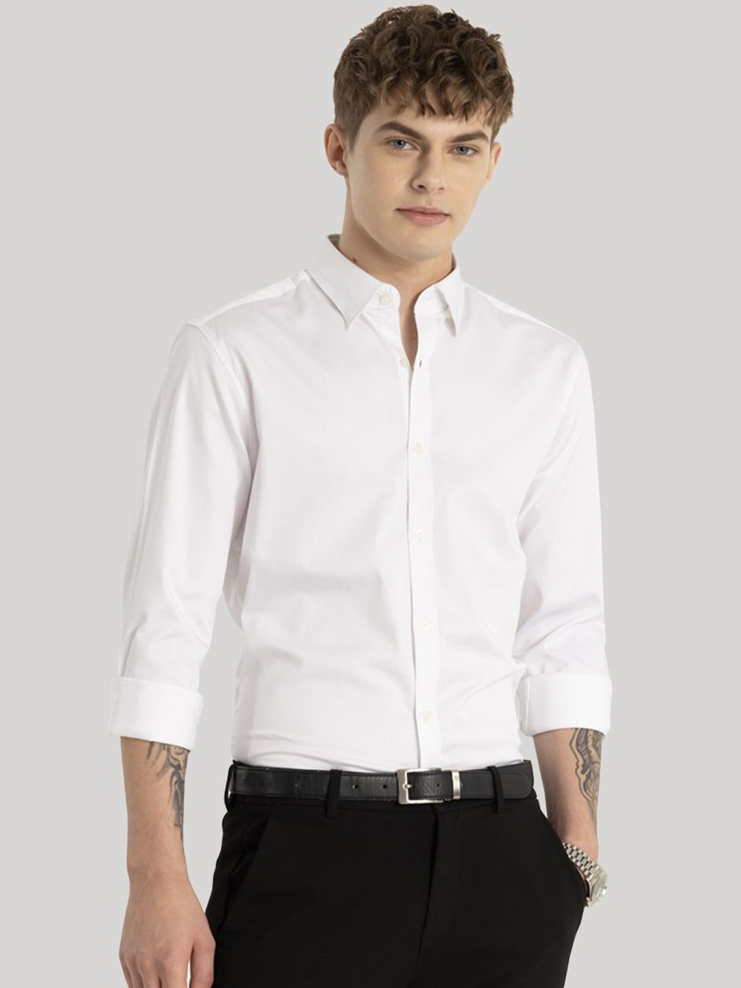 

Snitch Men Smart Spread Collar Solid Cotton Slim Fit Semiformal Shirt, White