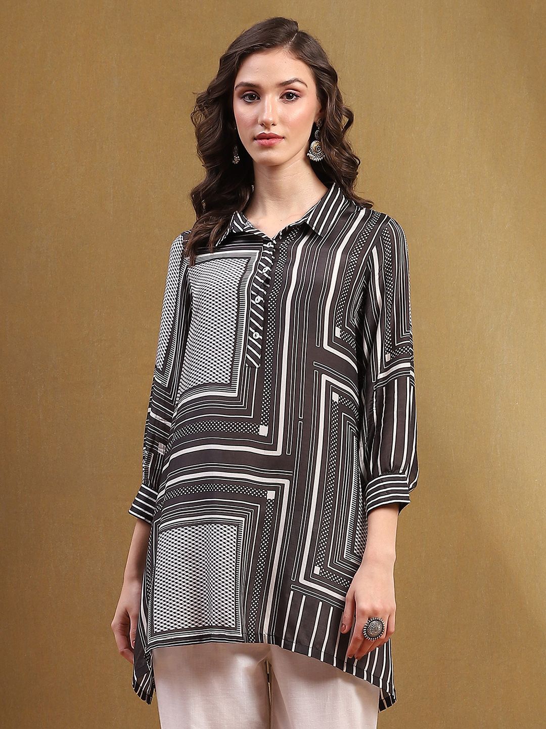 

Biba Women Abstract Printed Shirt Collar Top, Black