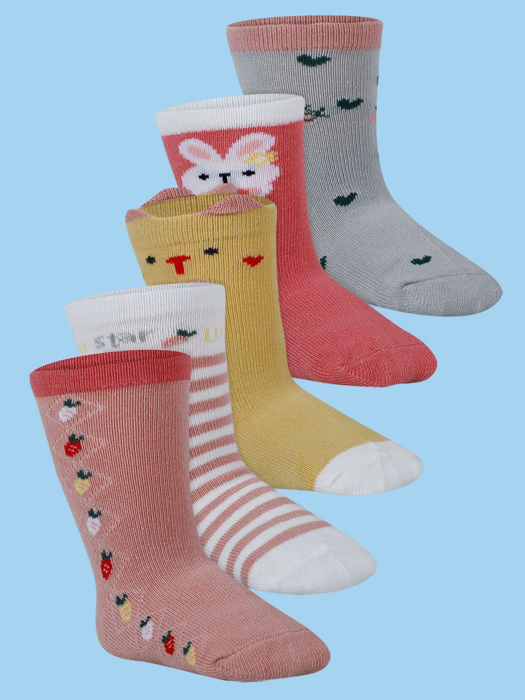 

Baby Moo Kids Pack Of 5 Patterned Cotton Above Length Socks, Red