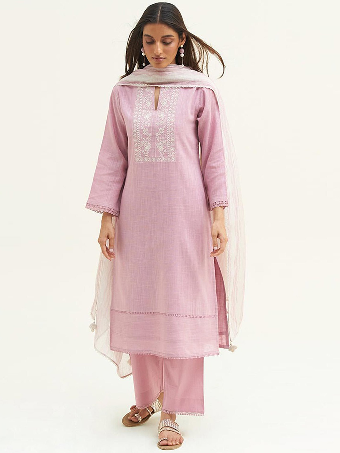 

Ganga Floral Embroidered Thread Work Linen Straight Kurta With Palazzos & Dupatta, Pink